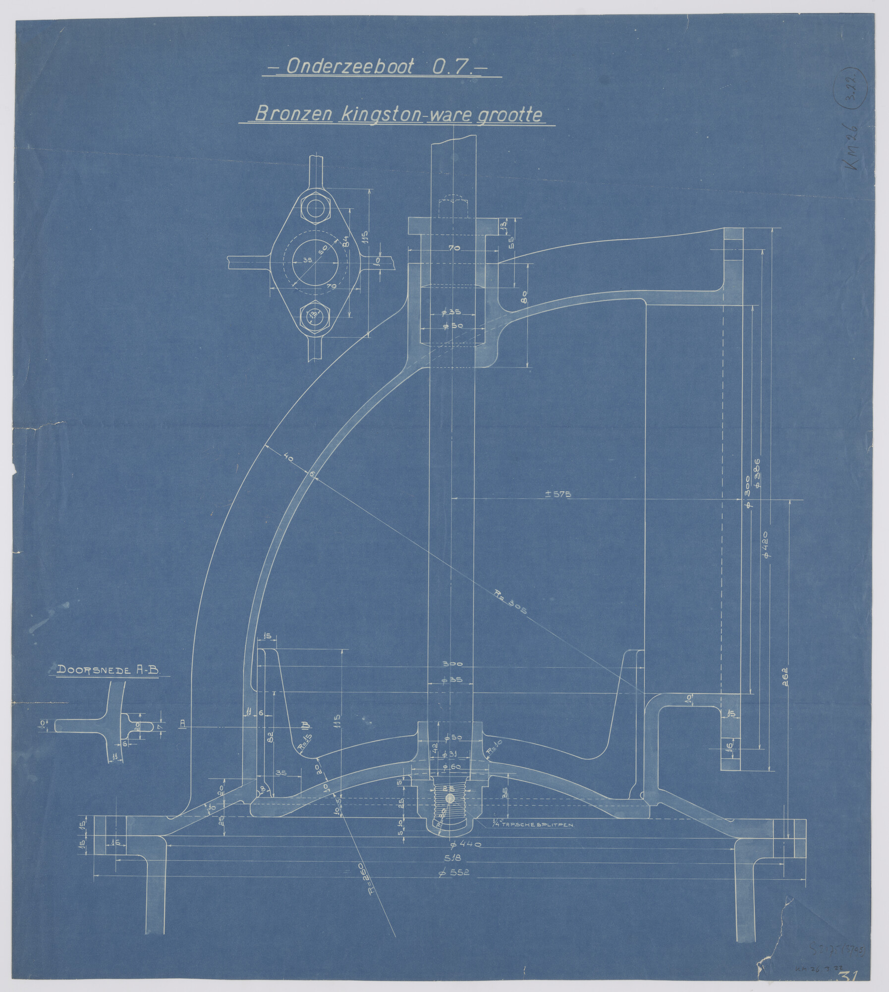 S.2175(3795); Bronzen Kingston kraan aan boord van de onderzeeboot Hr.Ms. 'O 7'.; technische tekening