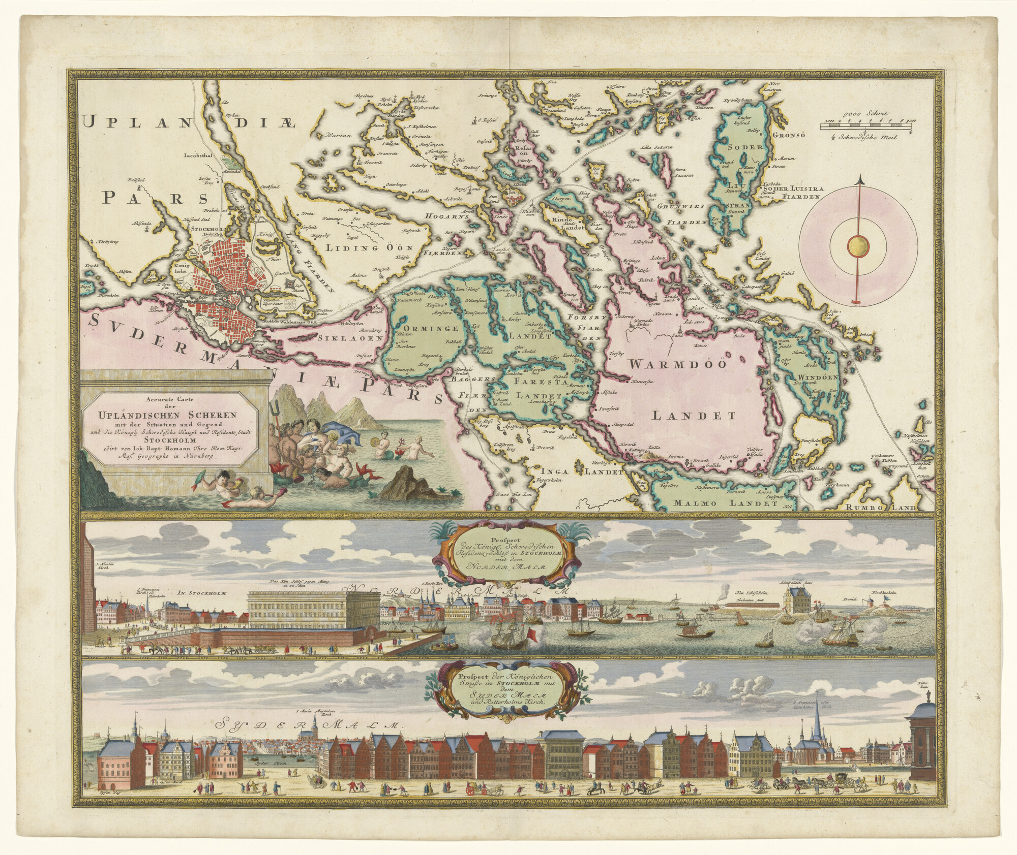 A.0145(211)097; Met de hand gekleurde kaart van de Uplandse scheren en omgeving van de stad Stockholm, en twee aanzichten van die stad; landkaart
