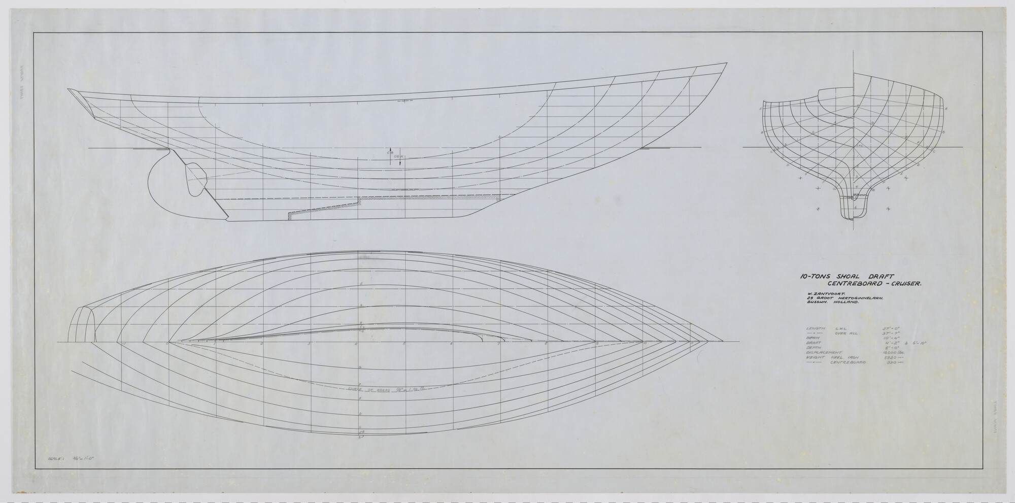 2013.0911; Lijnenplan van een houten 10-tons shoal draft centreboard cruiser van 37'-7" (11.455 meter); technische tekening