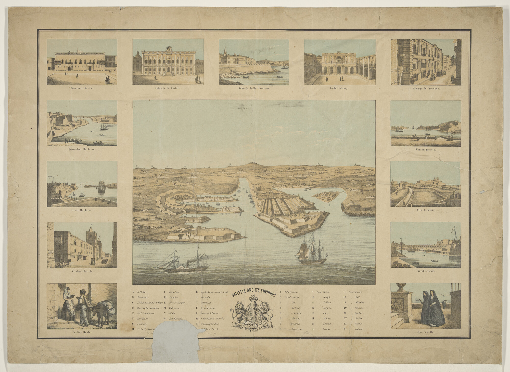 A.0838 [nr 0002]; De haven van Valetta op Malta en omgeving; twaalf afbeeldingen op één prent; prent