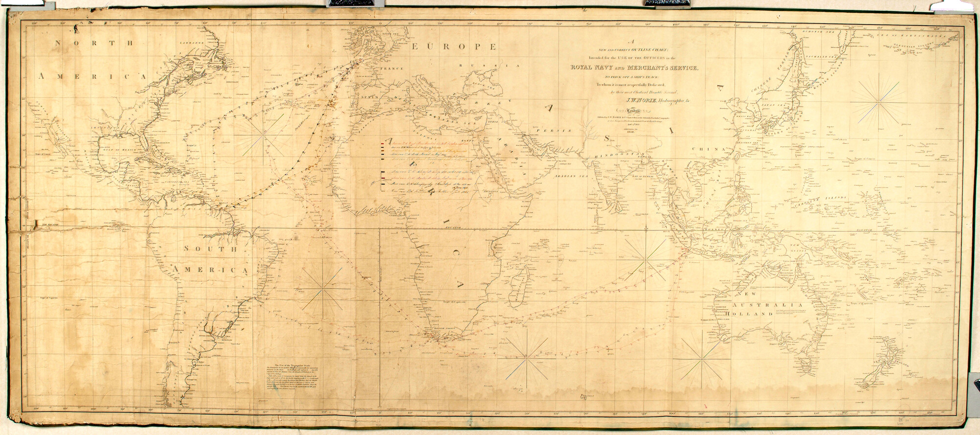 S.2602; Zeekaart op linnen geplakt, waarop zijn bijgehouden reizen van Nederlandse marineschepen van Oost-Indie naar Nederland tussen 1850-1872; zeekaart
