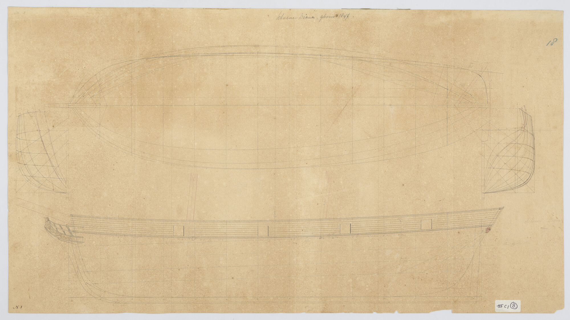 S.0305(54); Lijnenplan van de schoener 'Diana'; technische tekening