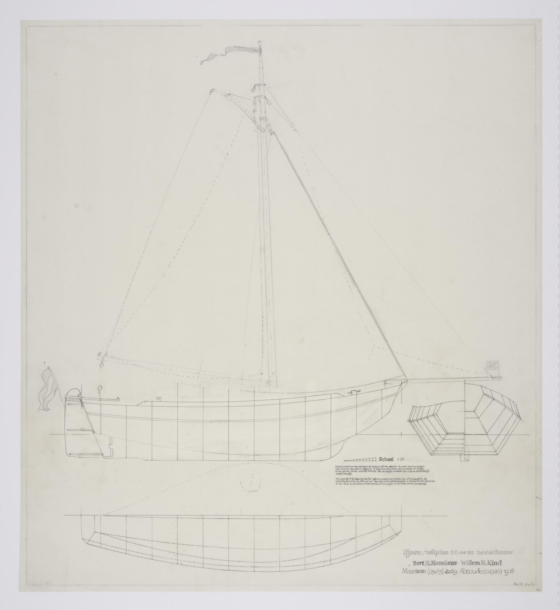 2012.0481; Lijnenplan van een open zeeschouw van 10 m; technische tekening