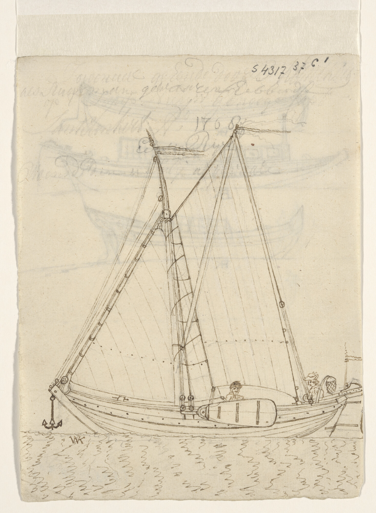 S.4317(37)c1; Een jachtje met rechte steven; tekening
