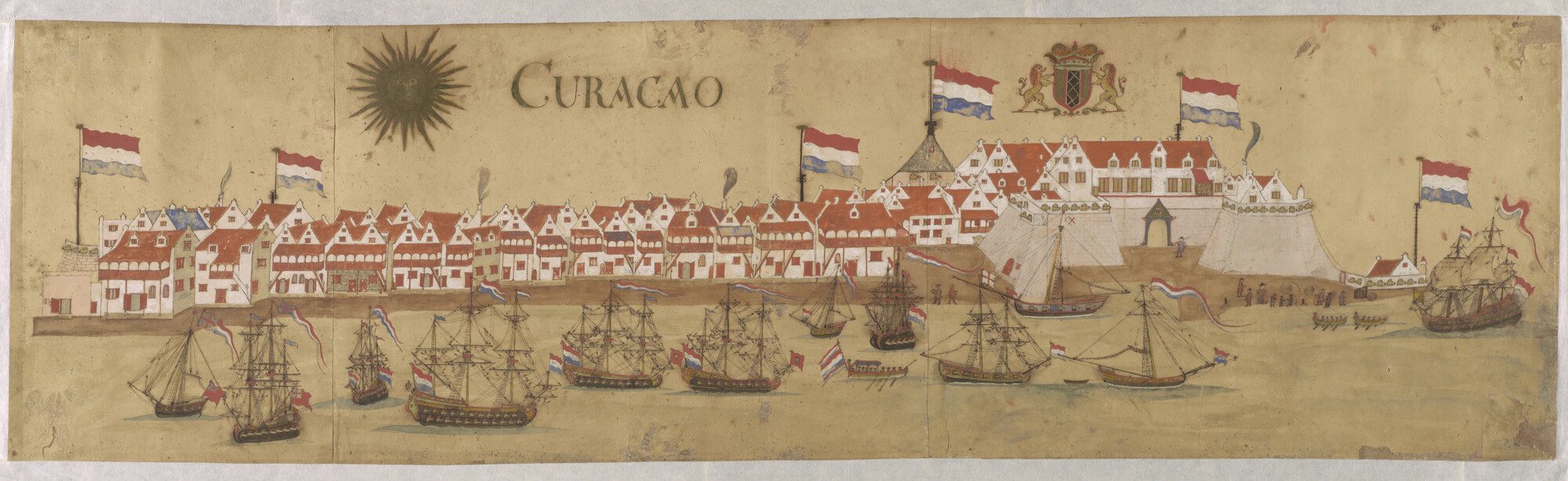 S.0163; Gezicht op Willemstad, Curaçao; tekening