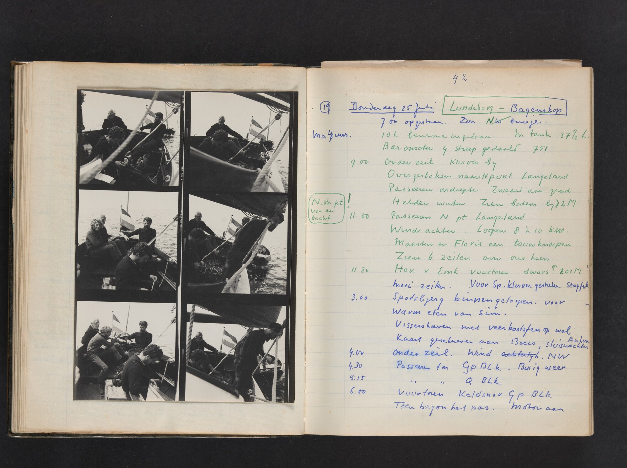 2017.0802; Logboek c.q. fotoalbum van reizen met zeeschouw Grutto (II) in Nederland, Duitsland en Denemarken, 1973-1974; logboek