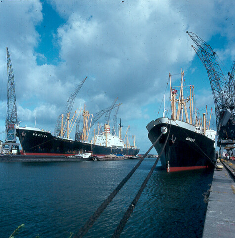 S.9100(8656); Dia van de vrachtschepen ms. 'Patrita' en 'Lumoso' van de Samudra Indonesia Lines bezig met het lossen van cacao [...]; diapositief