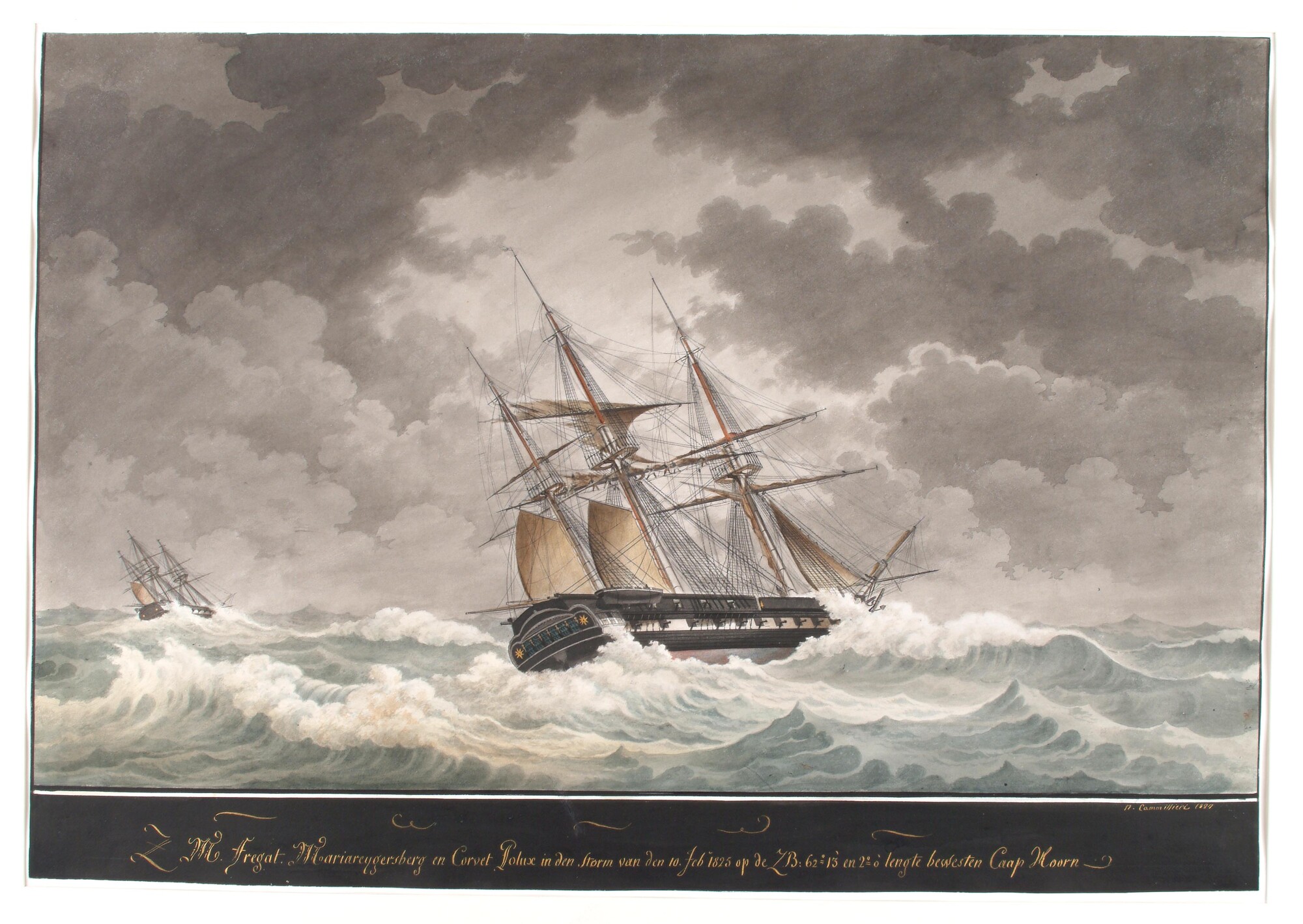 A.0037(01); Het fregat Zr.Ms. Maria Reygersberg en het korvet Pollux in stormweer ten westen van Kaap Hoorn; tekening