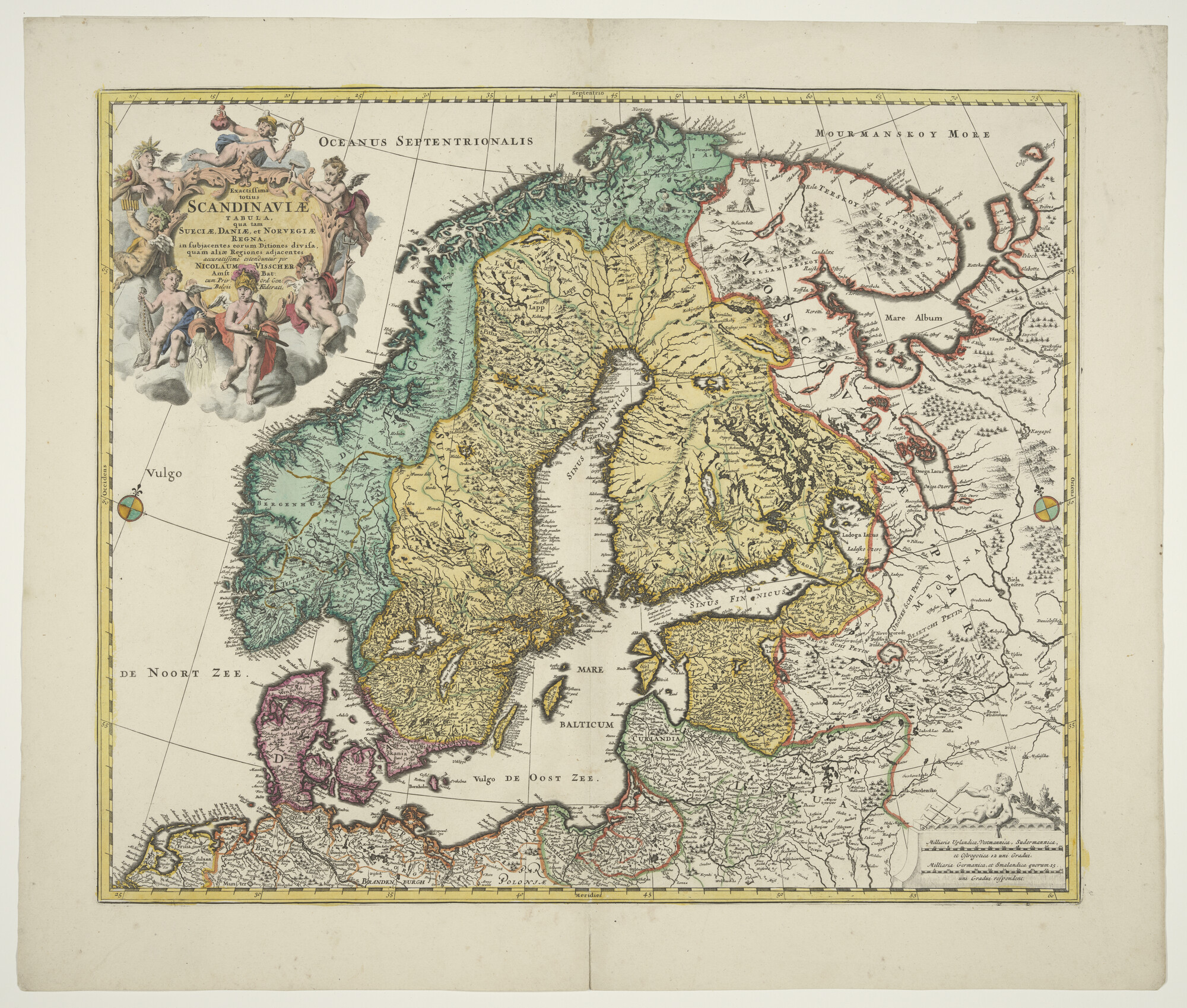 A.3845(01)015; Met de hand gekleurde kaart van Scandinavië, met Zweden, Denemarken, Finland en Noorwegen; landkaart