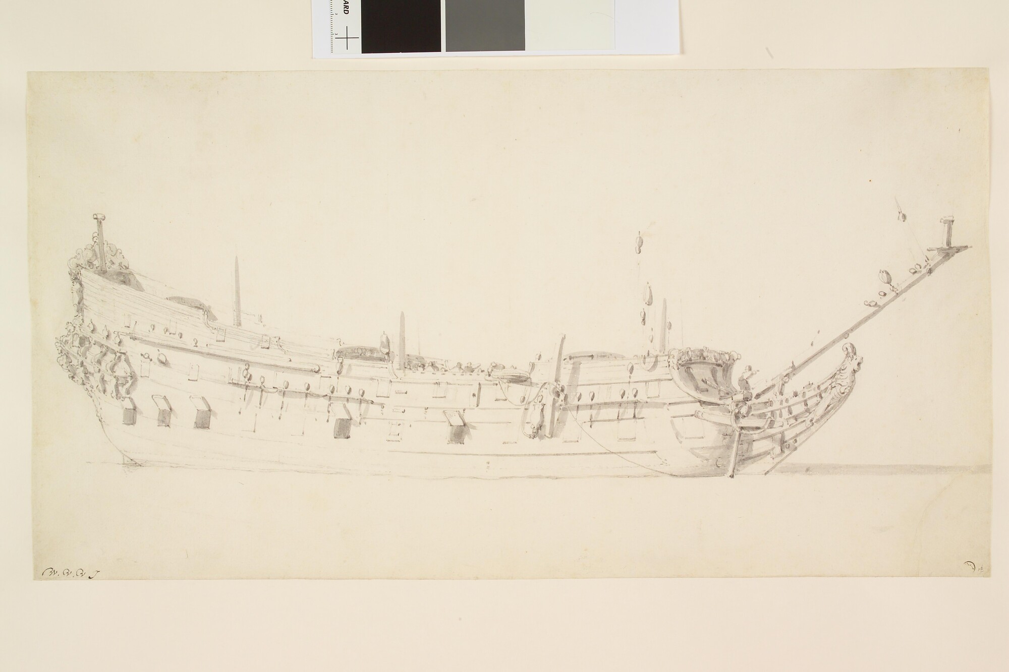 A.0149(0155); Een Nederlands oorlogsschip van ongeveer 52 stukken; tekening