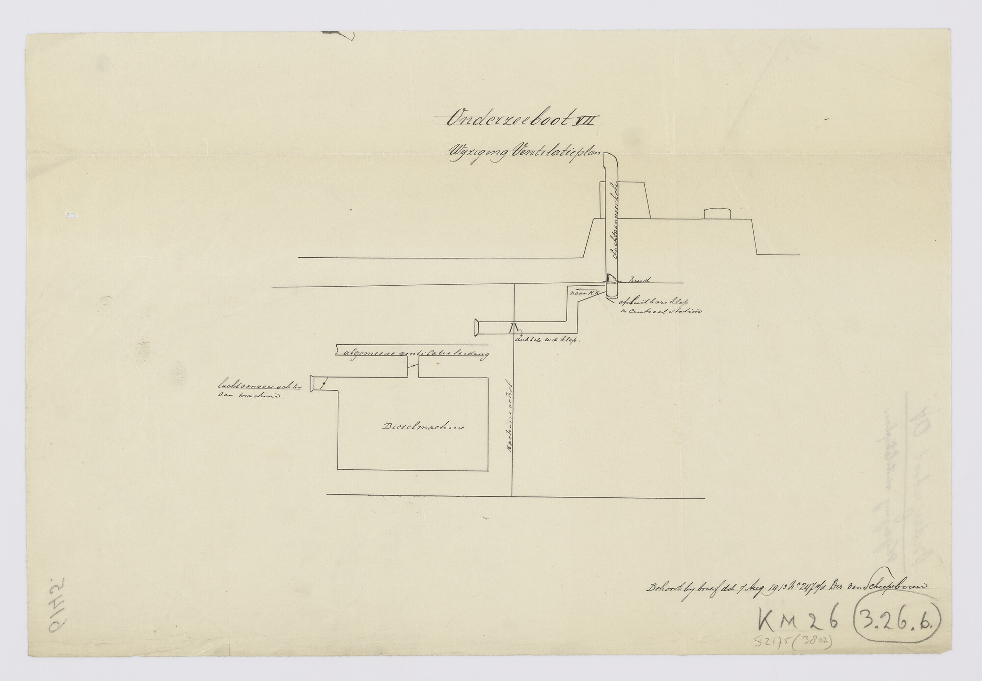 S.2175(3802); Wijziging ventilatieplan aan boord van de onderzeeboot Hr.Ms. 'O 7'.; technische tekening