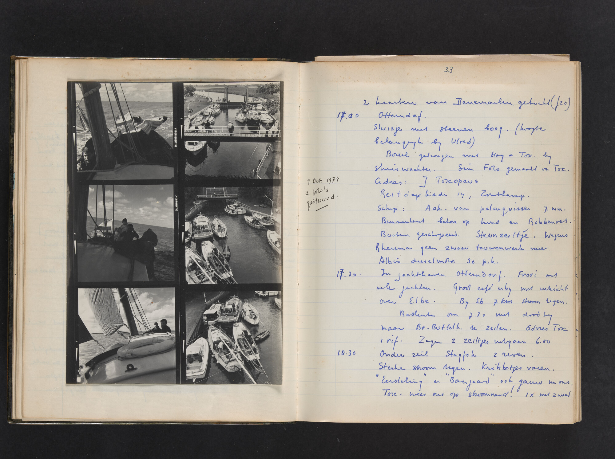 2017.0802; Logboek c.q. fotoalbum van reizen met zeeschouw Grutto (II) in Nederland, Duitsland en Denemarken, 1973-1974; logboek
