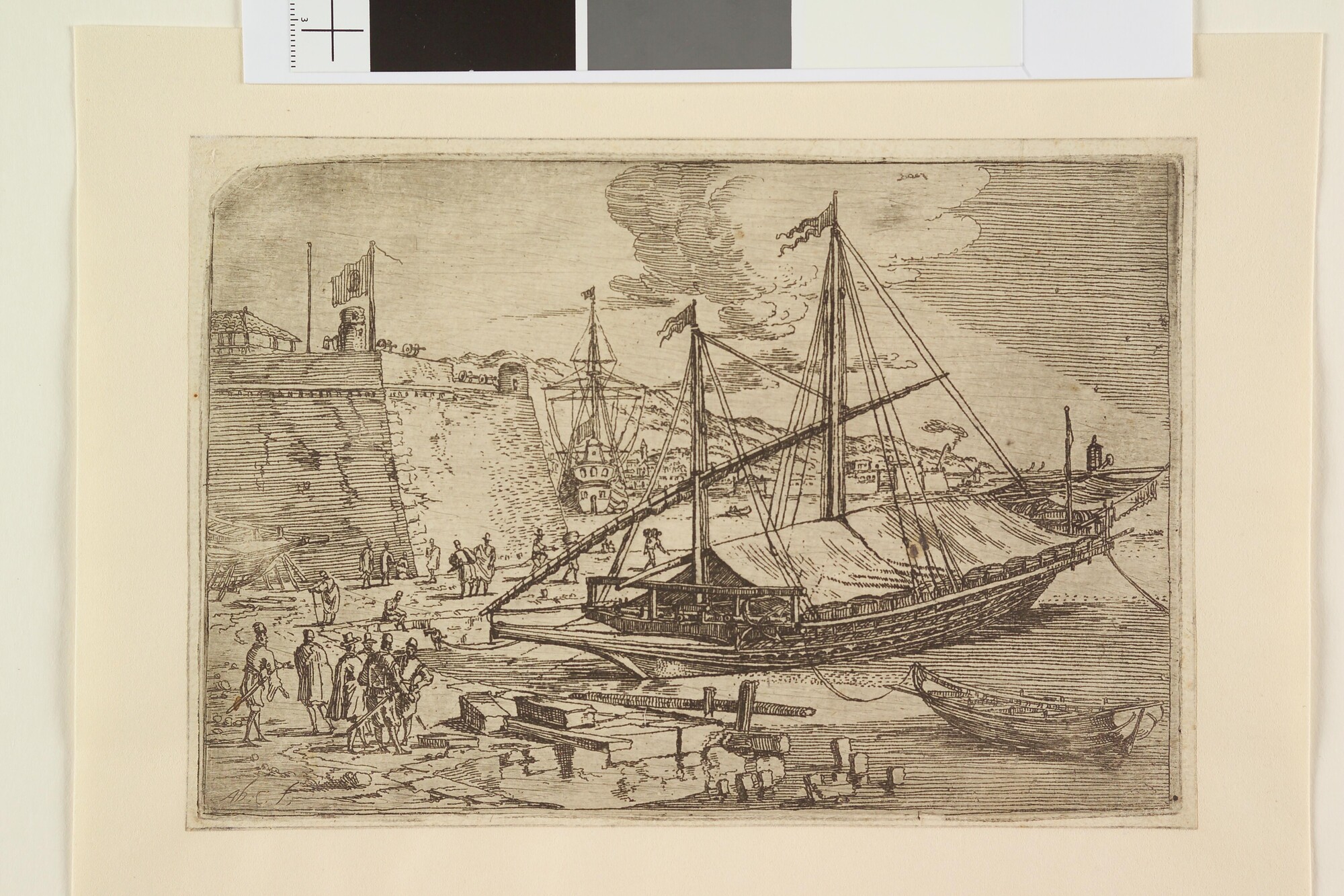 A.1287(02)3; Serie havengezichten van Messina: Een galei voor het fort; prent