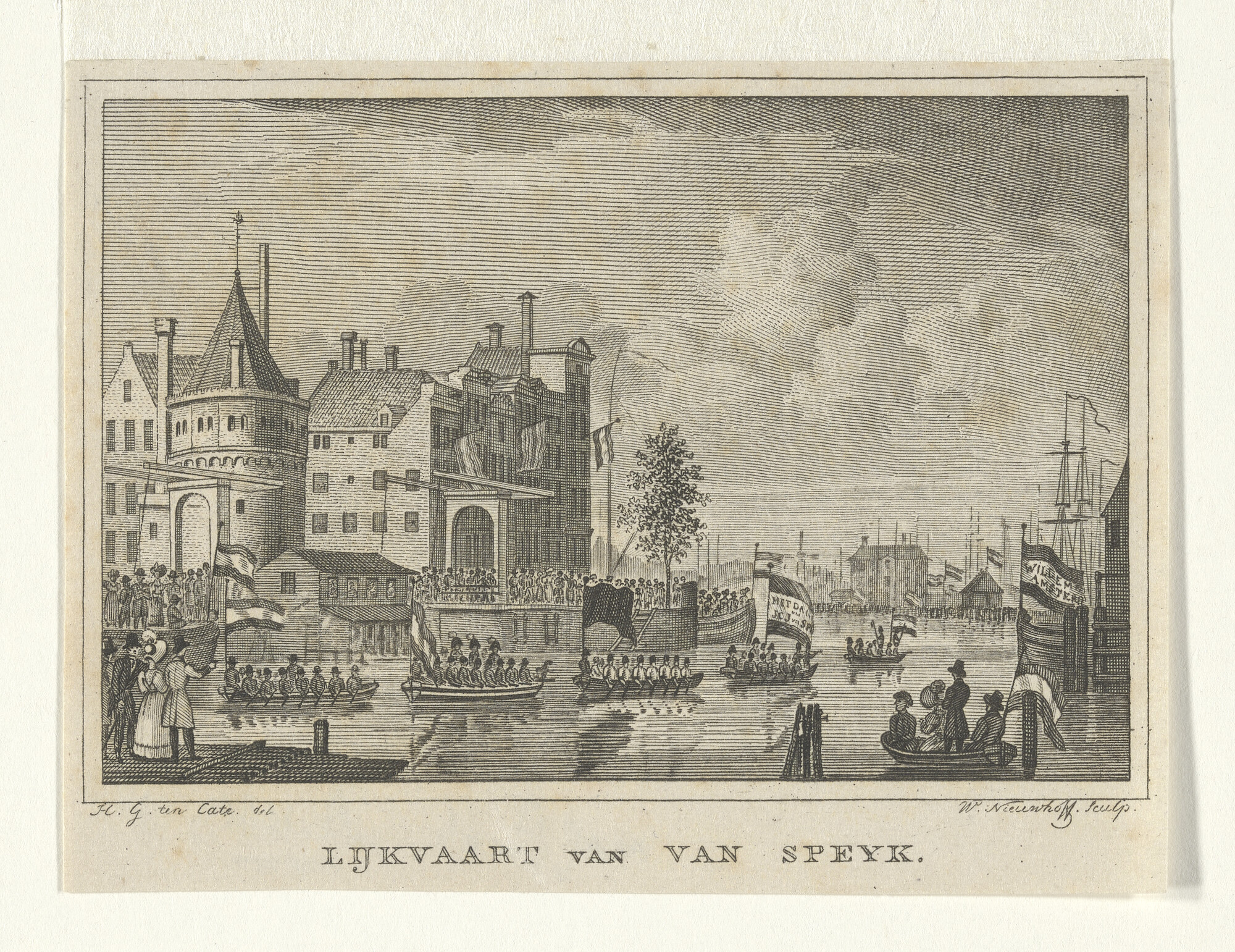 A.0482(03)37; Plechtige lijkvaart van Van Speyk met links gezicht op de Schreierstoren; prent