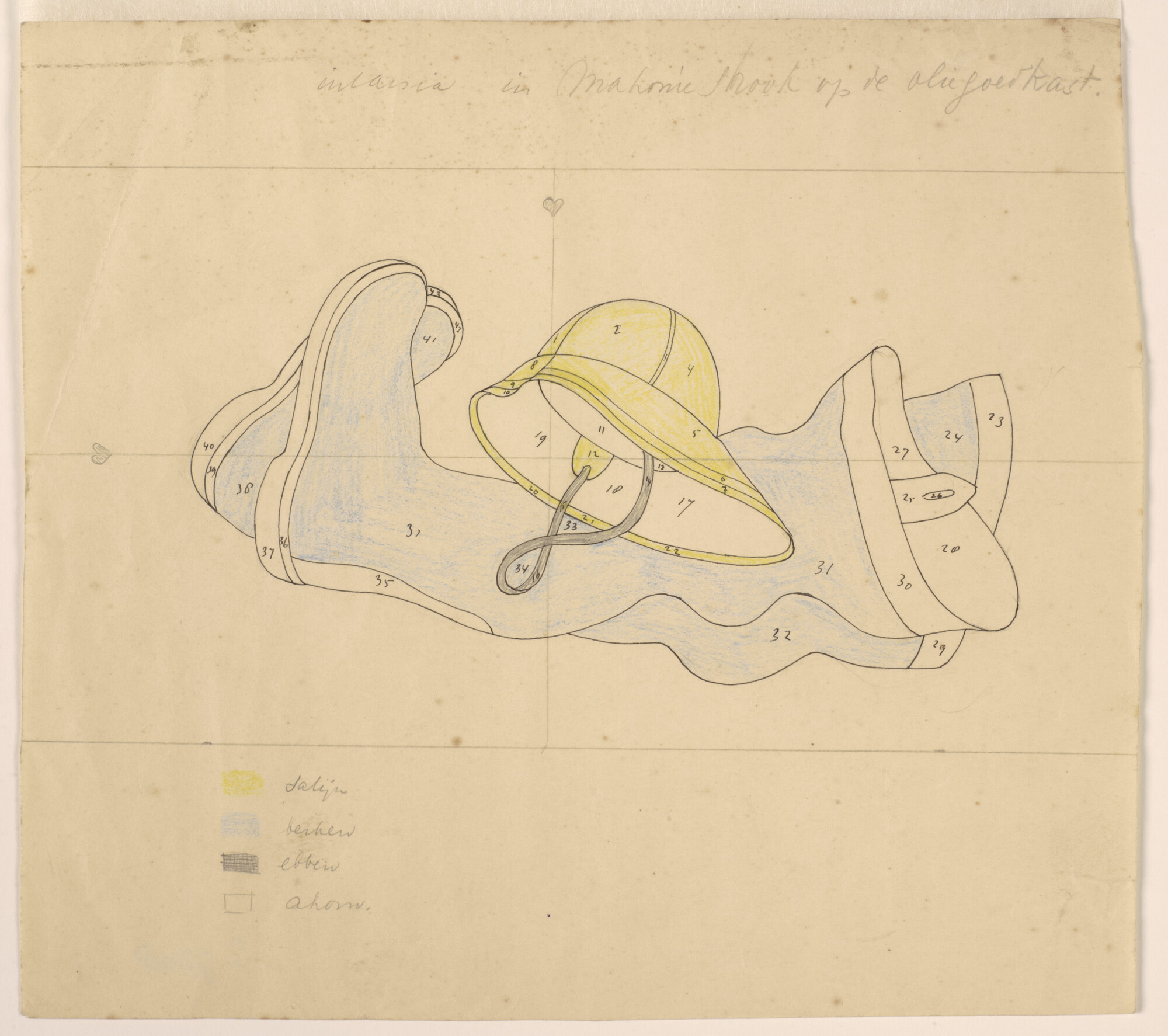 S.7308(13); Ontwerp intarsia: laarzen en een zuidwester; tekening