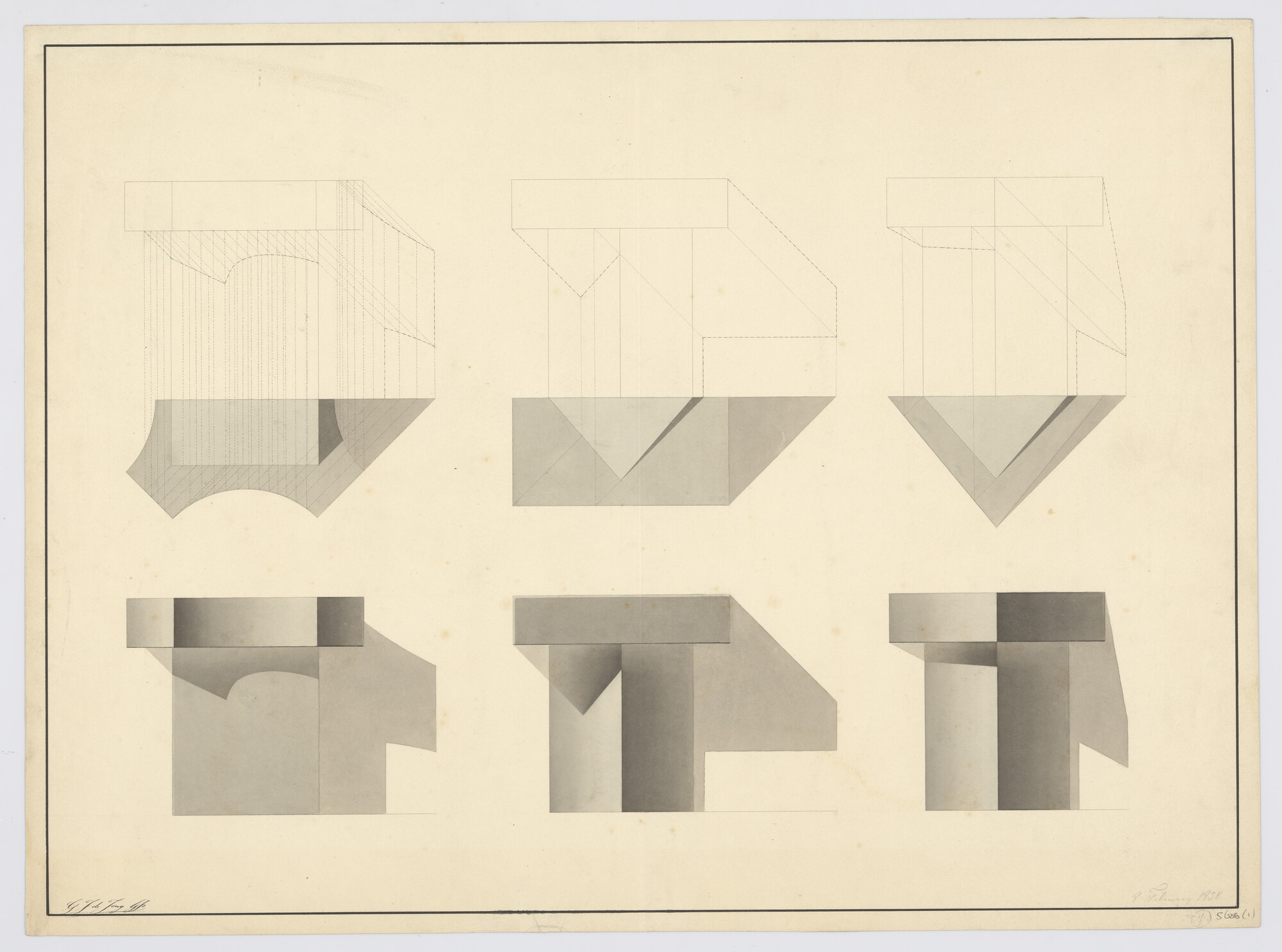 S.0600(01)146; perspectieftekening van een houtverbinding; technische tekening