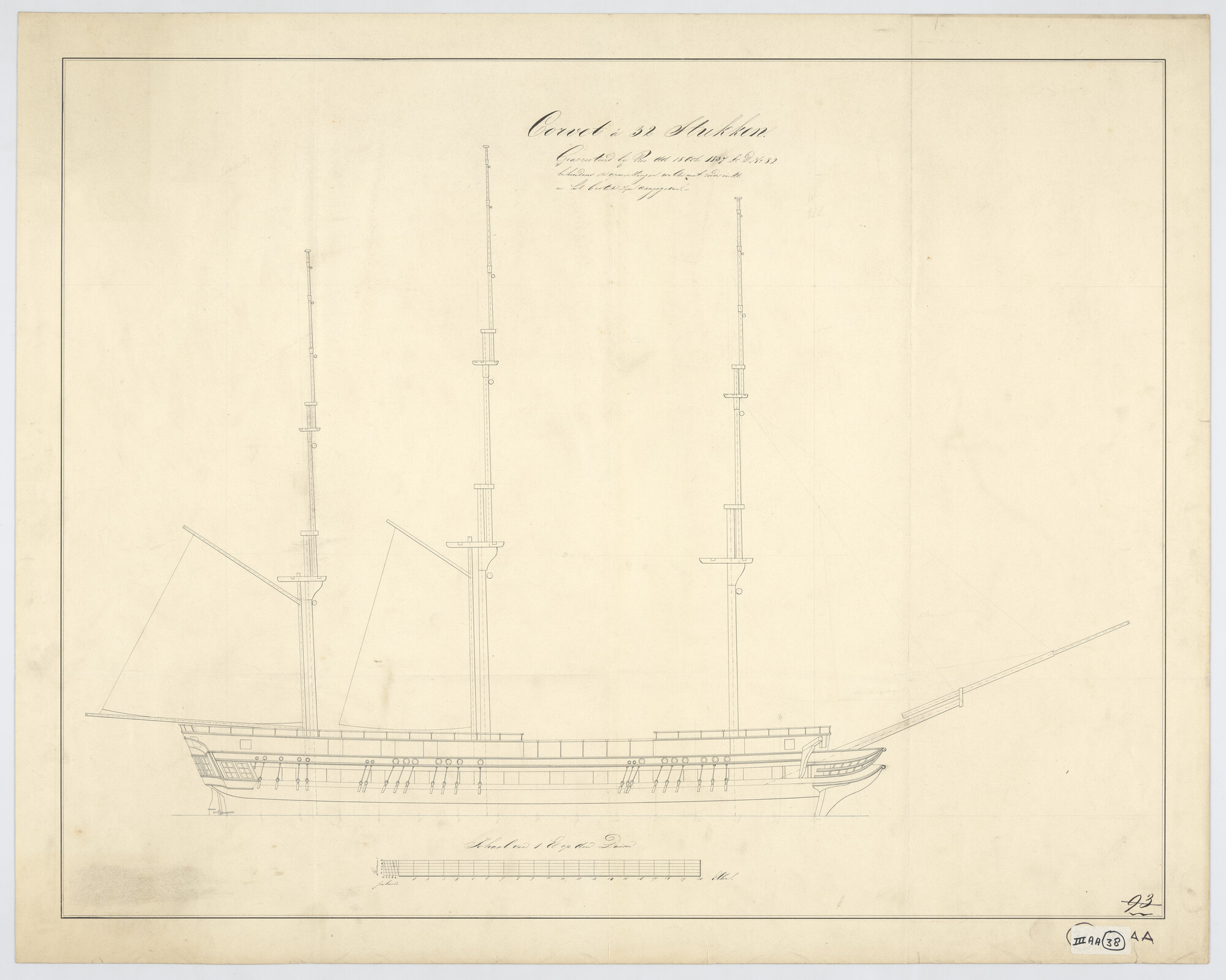 S.1214(0171); Tuigplan van het korvet Zr.Ms. Juno; technische tekening