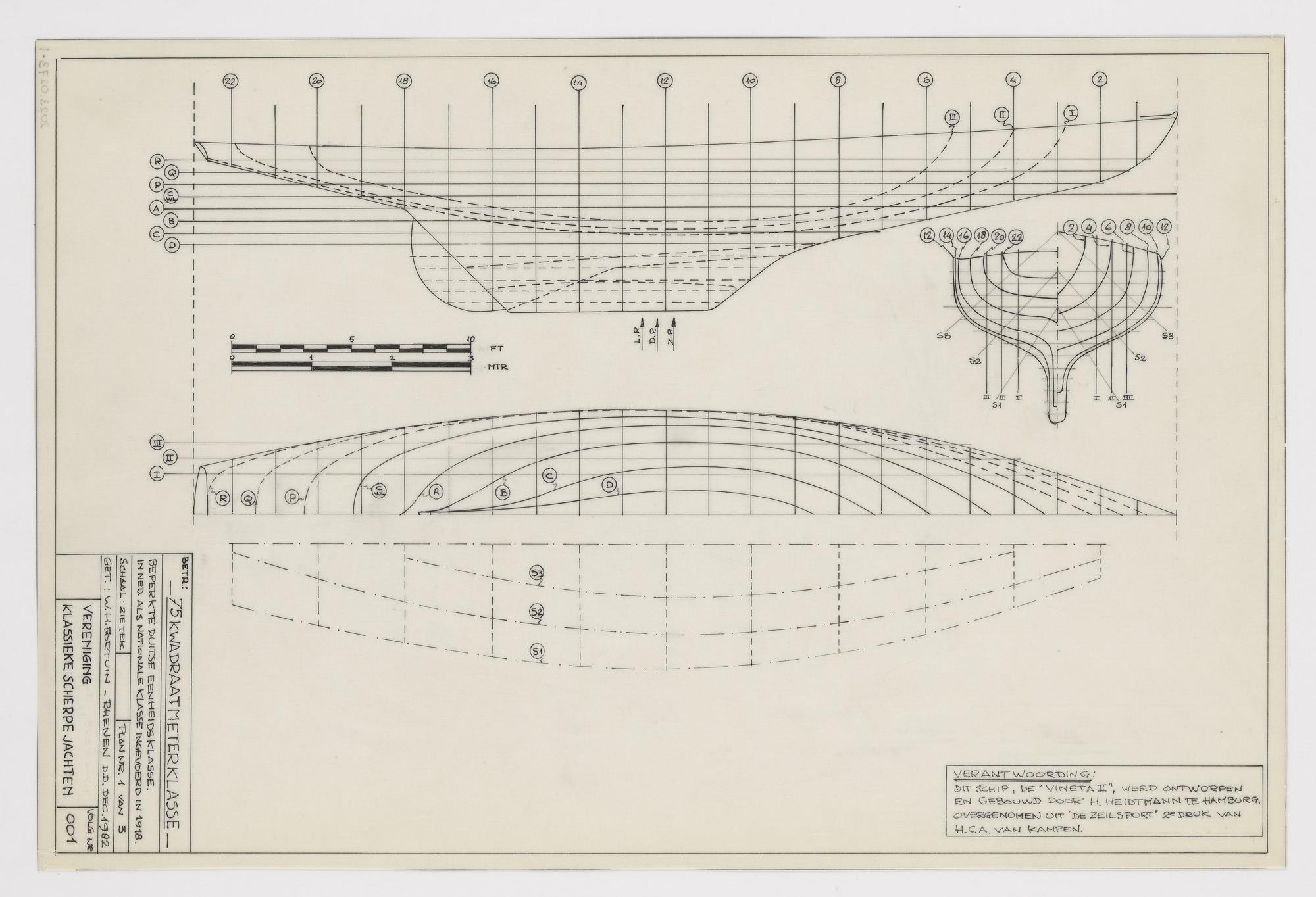 2023.0273-1; Technische tekening van 75 m2 klasse zeiljacht Vineta II; technische tekening