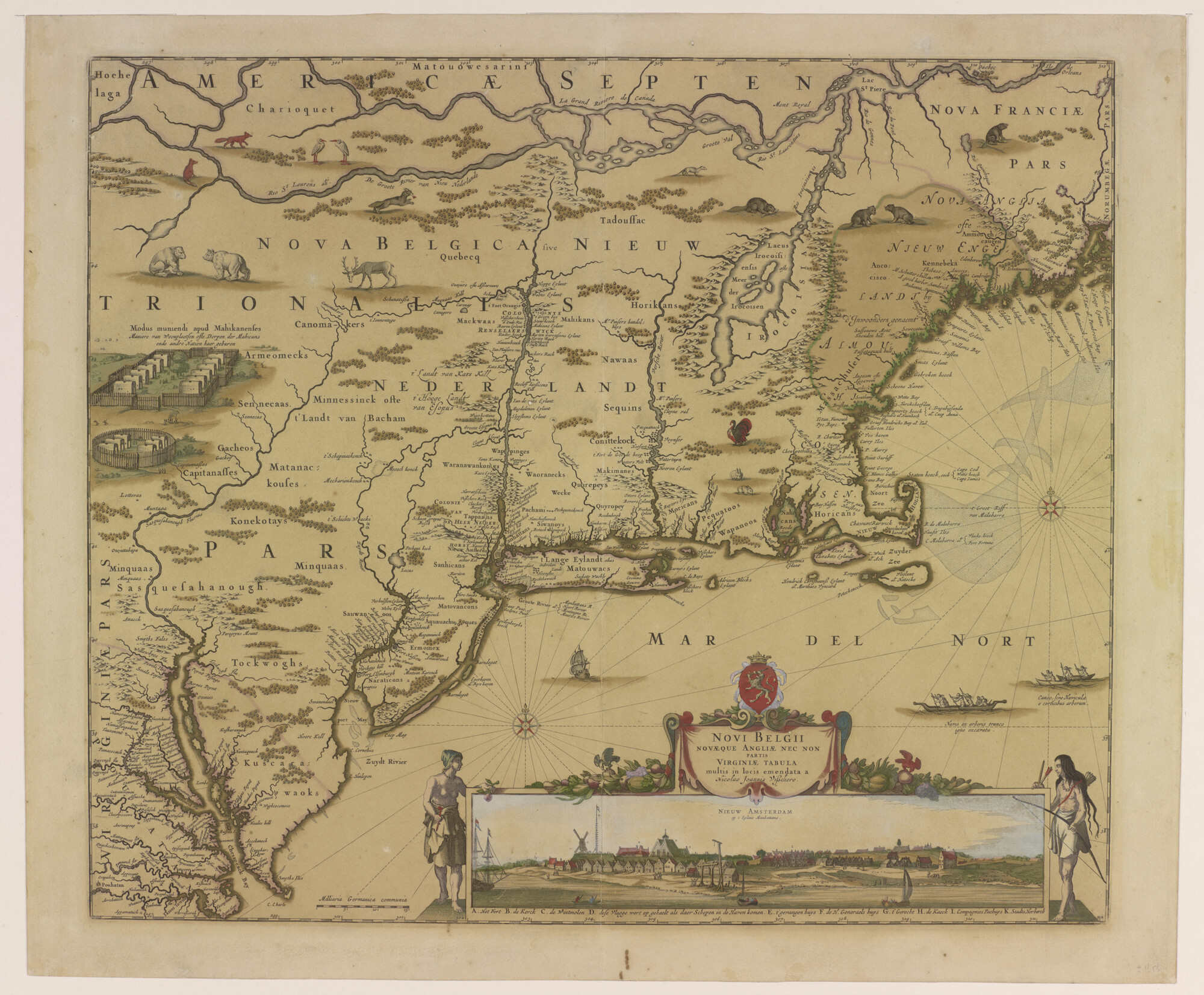 A.0145(064)8; Met de hand gekleurde kaart van Nieuw Nederland, Nieuw Engeland en een deel van Virginia; landkaart