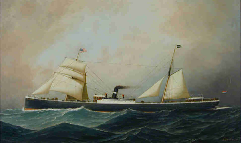 S.7382(02); Het passagiersschip ss. Schiedam van de Nederlandsch-Amerikaansche Stoomvaart Maatschappij; schilderij
