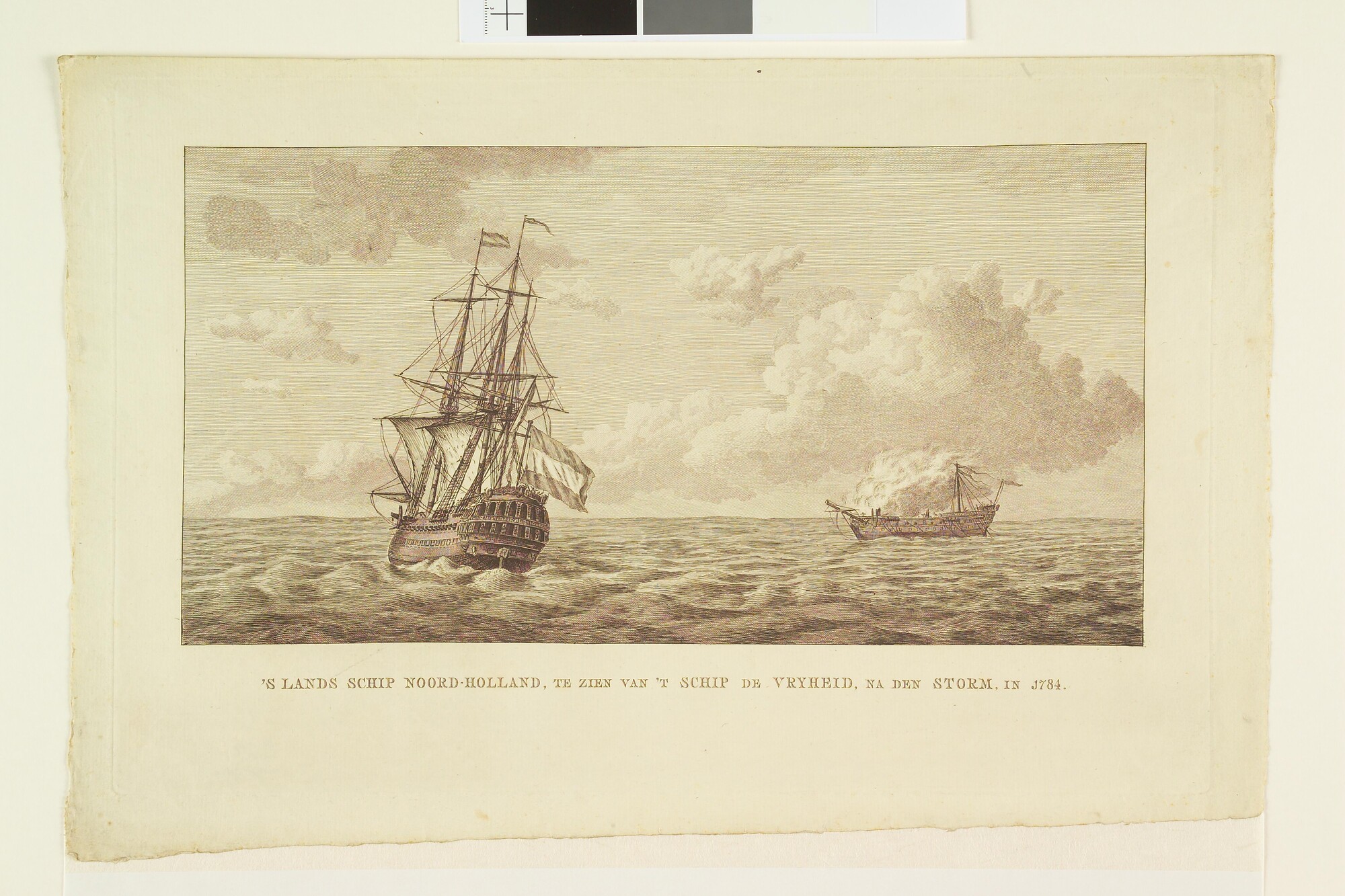 A.0149(0665); Het oorlogsschip 'Noord-Holland', na de storm in 1784; prent