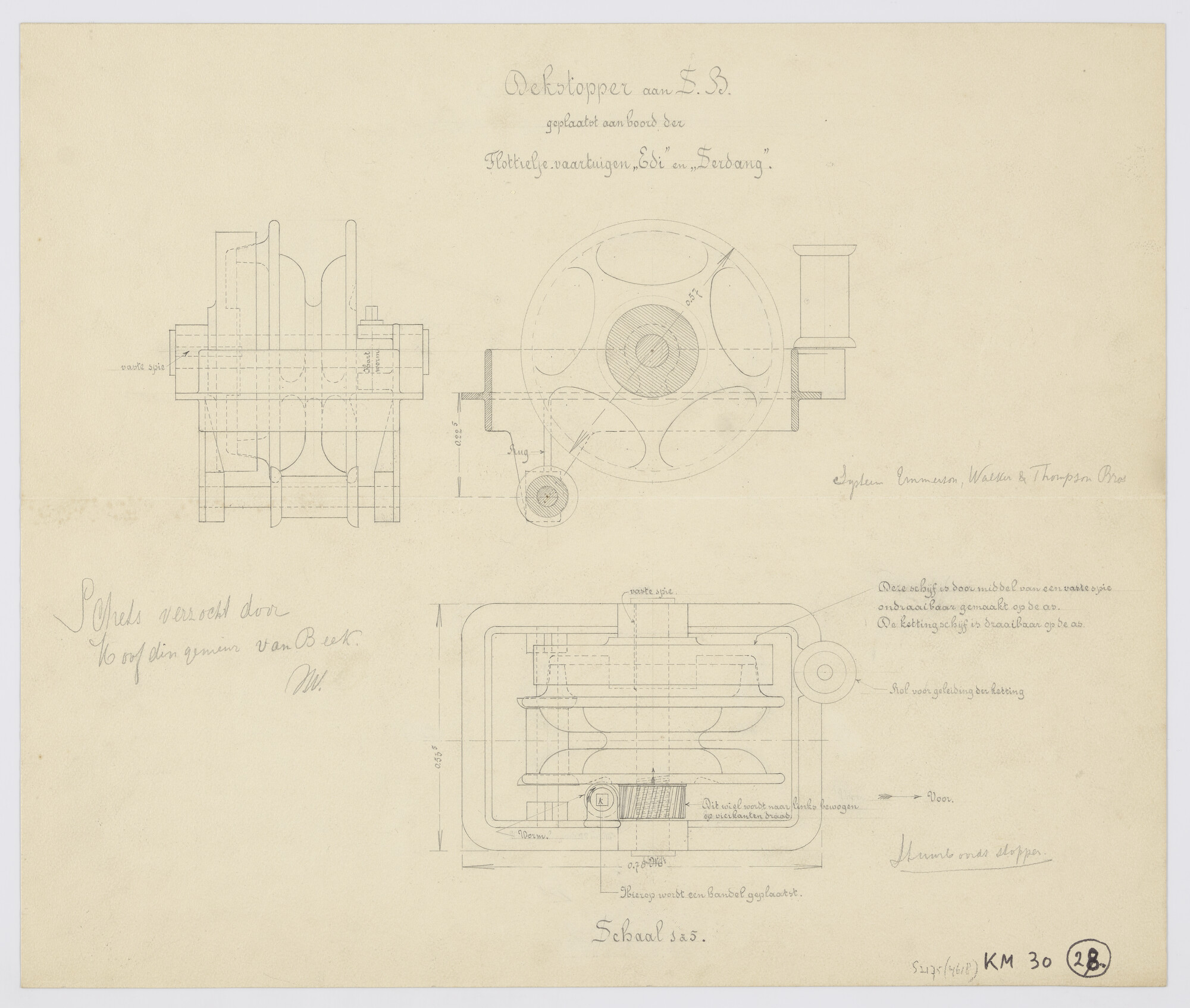 S.2175(4618); Dekstopper (kettingstopper) aan stuurboord van de flottieljevaartuigen Hr.Ms. Edi en Hr.Ms. Serdang; technische tekening
