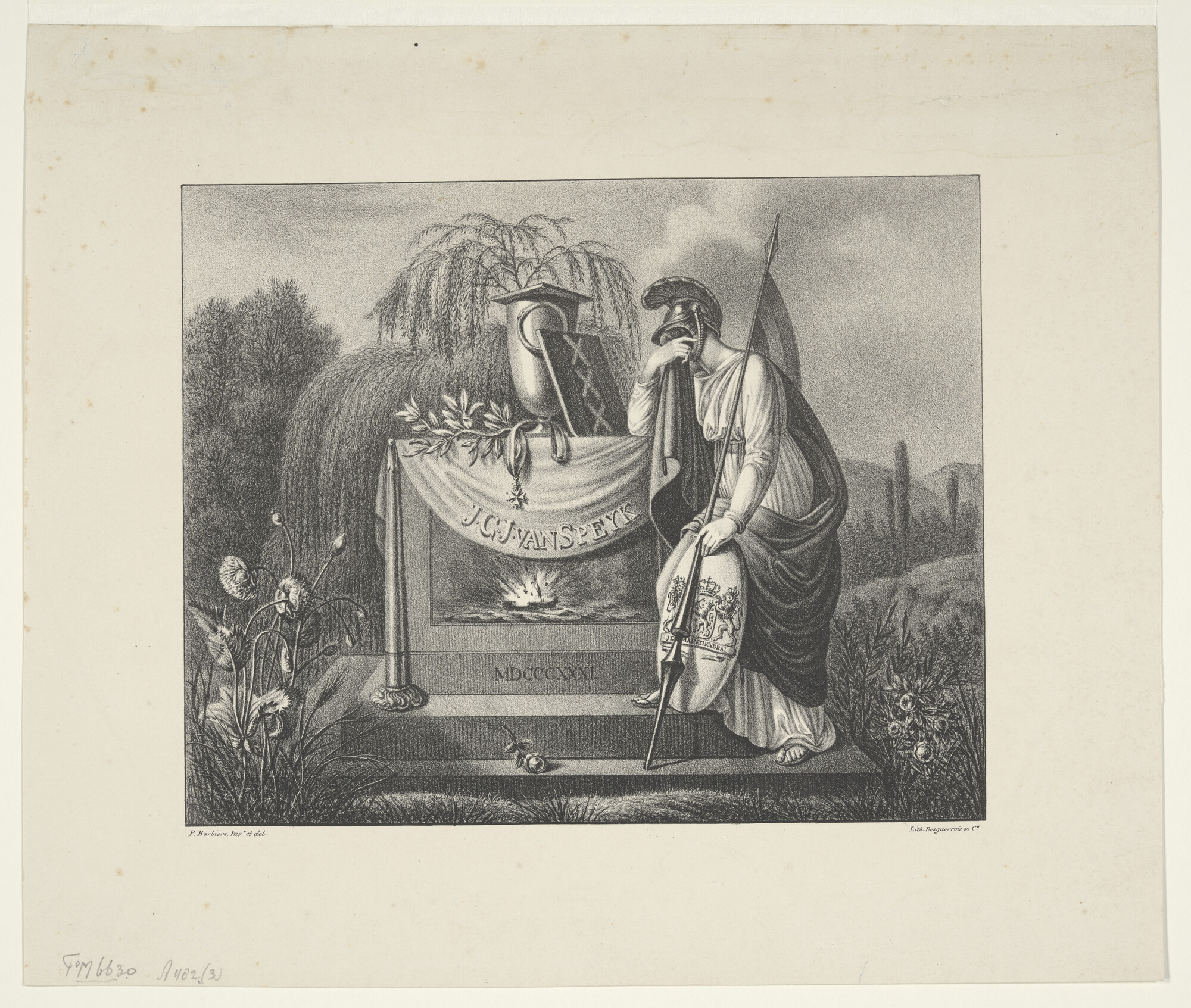 A.0482(03)10; Allegorische prent van de graftombe van J.C.J. Van Speyk, met een afbeelding van de ontploffing van Kanonneerboot no. 2; prent