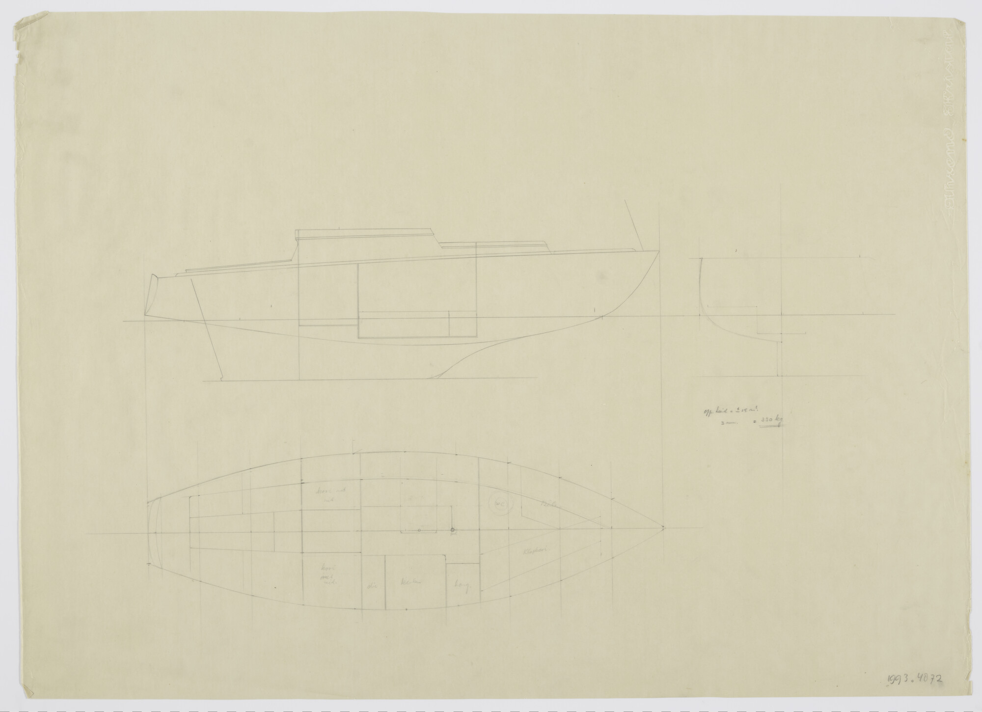 1993.4872; Schets interieurplan van wedstrijdzeiljacht R.O.R.C; technische tekening