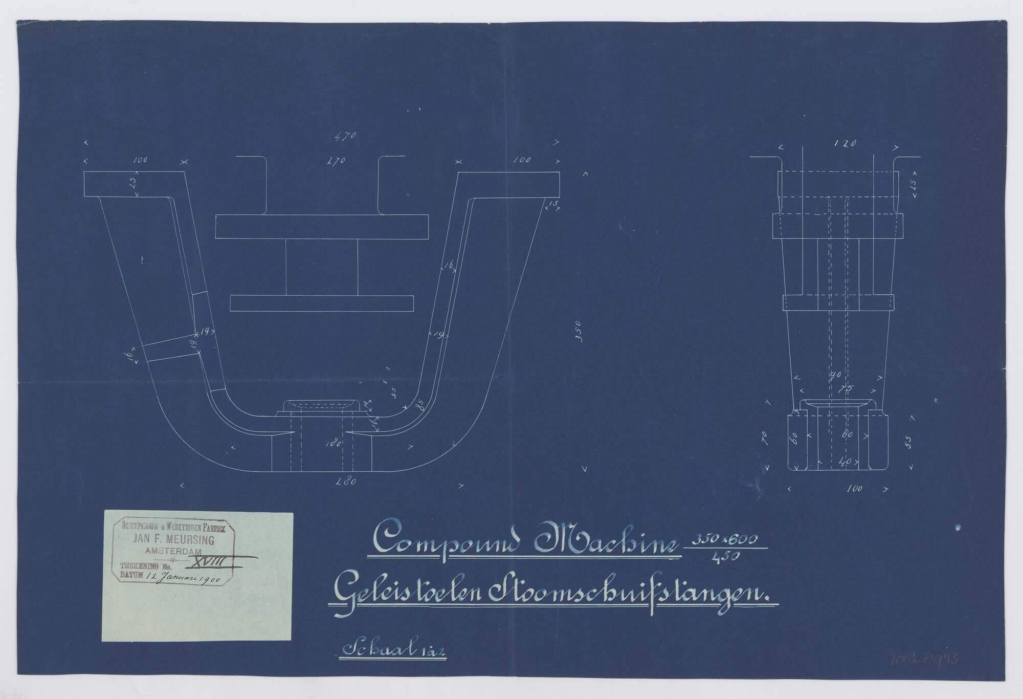 2003.0943; Stoelen stoomschuifstangen van de machine van de ijsbreker ss. Christiaan Brunings; technische tekening