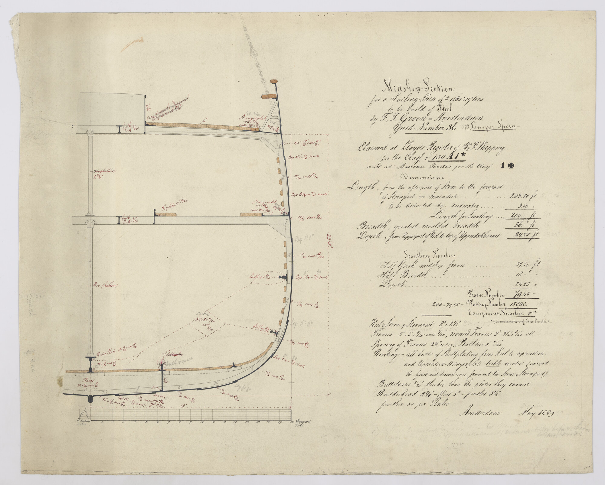 2013.0923; Grootspant van het barkschip Semper Spera (Houd altijd Hoop) van 61.20 meter; technische tekening