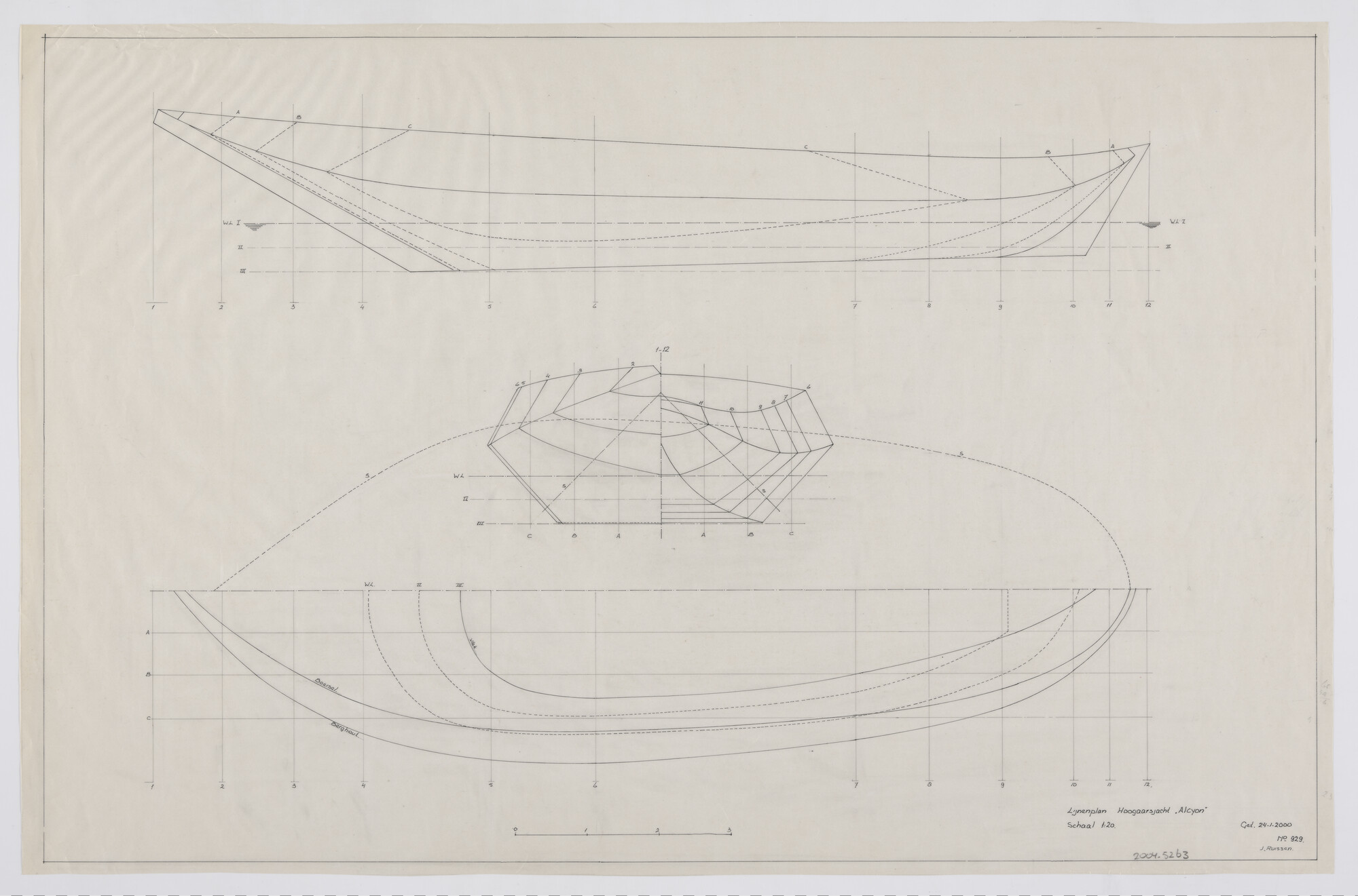 2004.5263; Lijnenplan hoogaarsjacht Alcyon II; technische tekening