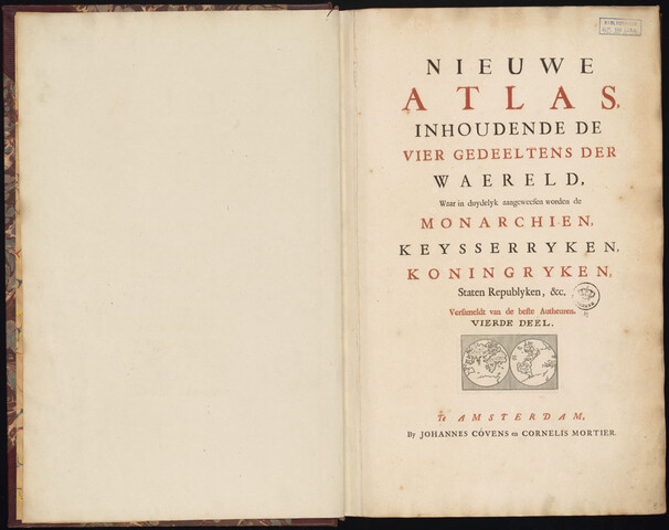 B.0032(032) [kaart 001]; Voorblad van de 'Atlas Nieuwe atlas 1754 - deel 4'; kaart