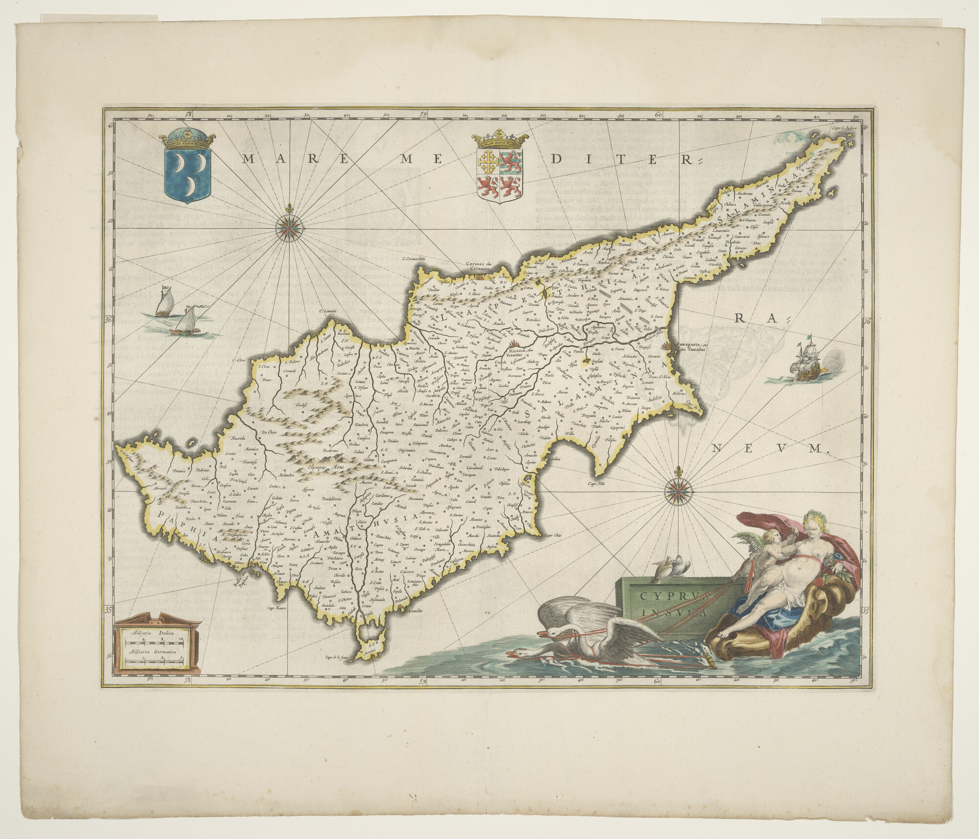 A.3845(01)083; Met de hand gekleurde kaart van het eiland Cyprus door Johannes Janssonius; zeekaart