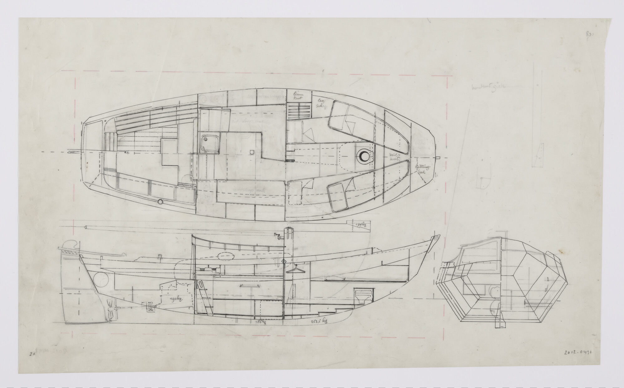 2012.0491; Indelingsplan van een zeeschouw van 8.00 m; technische tekening