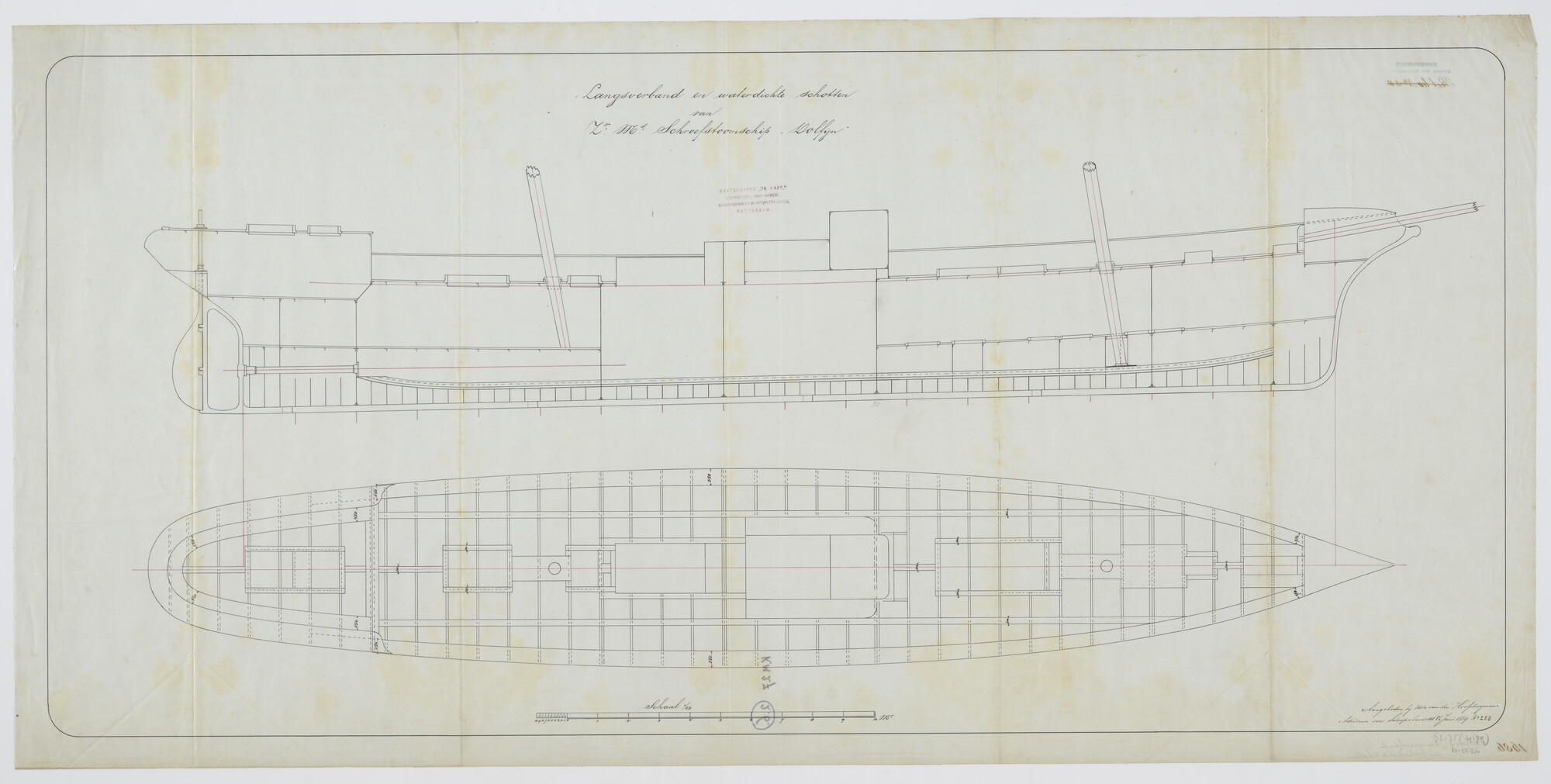 S.2175(4179); Langsverband en waterdichte schotten van Zr.Ms. 'Dolfijn'; technische tekening