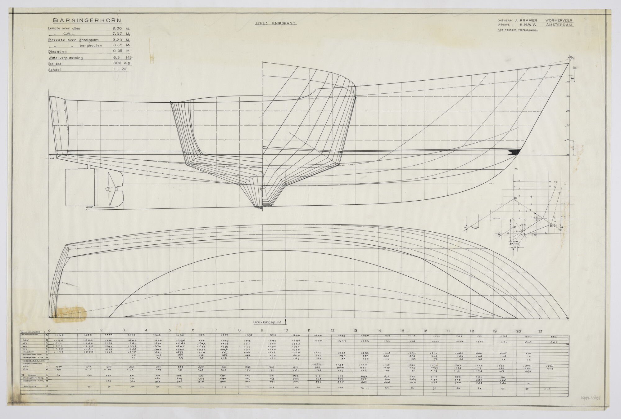 1994.4894; Lijnenplan van het motorjacht met steunzeil Barsingerhorn; technische tekening