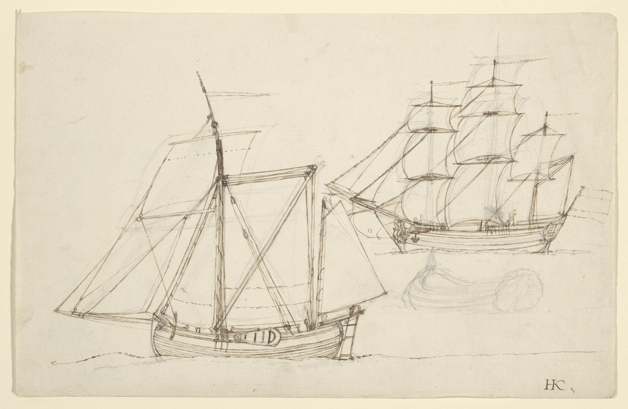 S.4317(38)a02; Een kofschip en een fregatschip; tekening