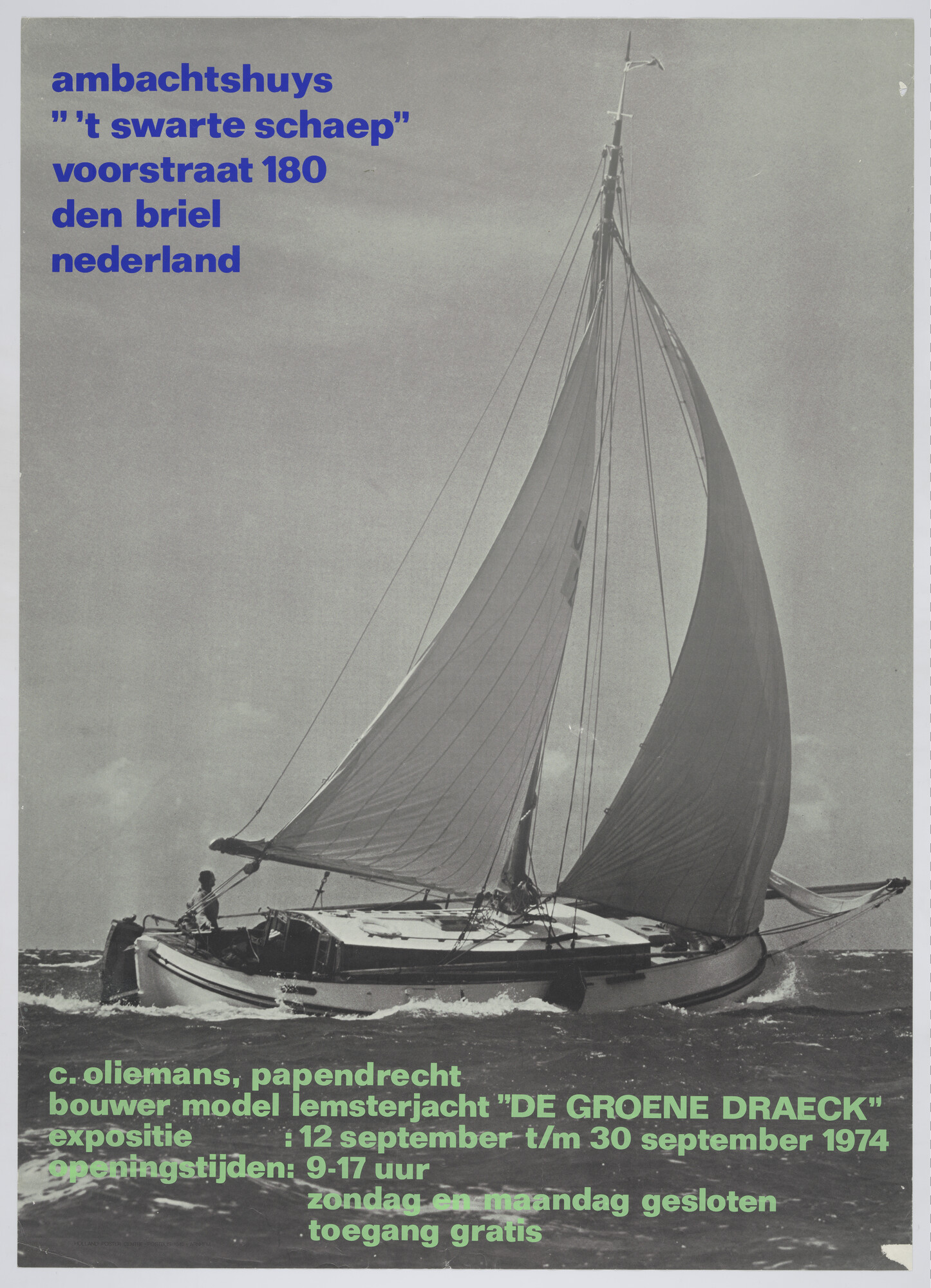 1994.5129; Affiche voor een expositie over de bouw van het model van het Lemsterjacht 'De Groene Draeck' gehouden in het Ambachtshuys ''t Swarte Schaep' in Den Briel [...]; affiche