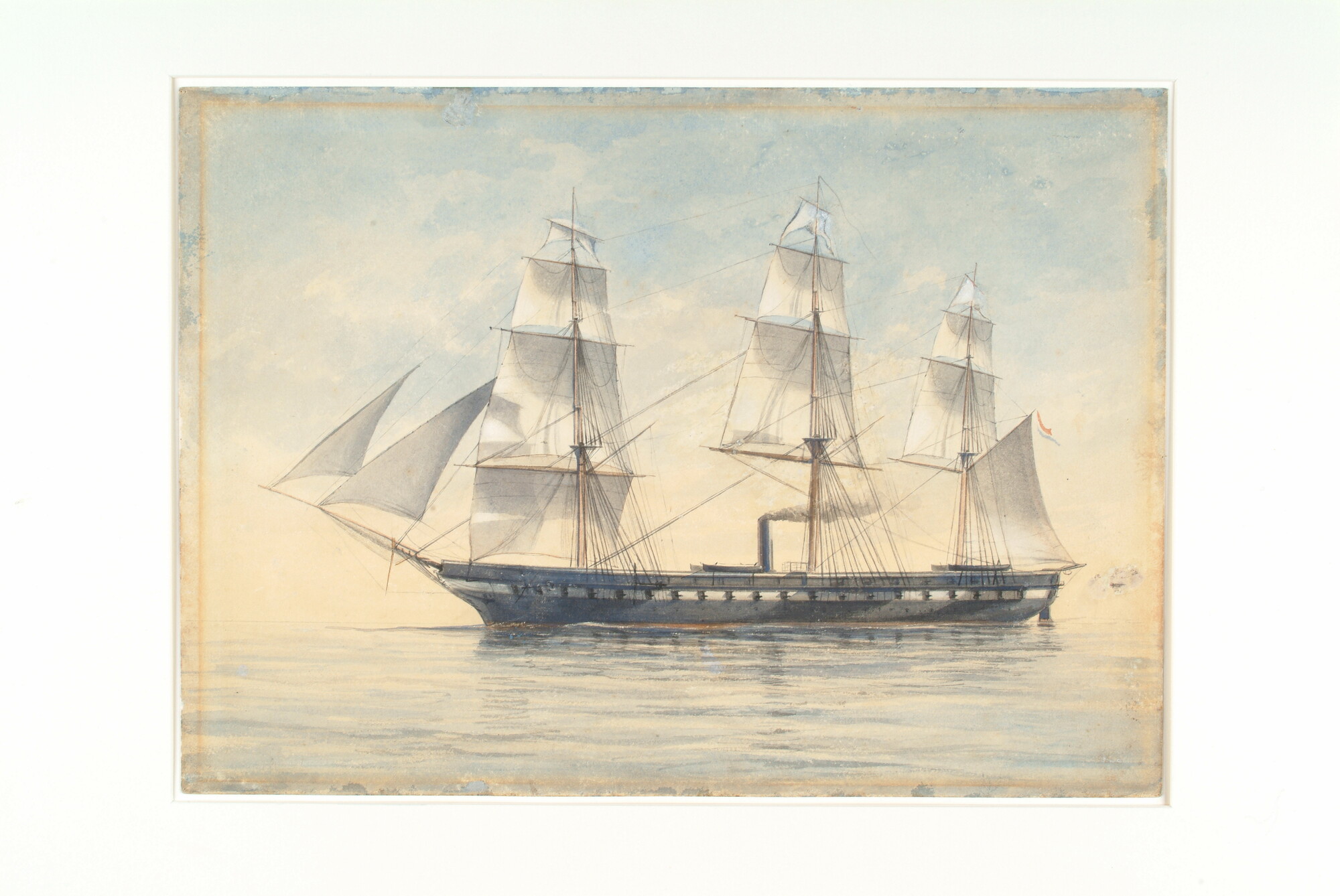 S.0547; Het fregat met stoomvermogen "Adolf van Nassau", verso: gezicht  op Elmina; tekening