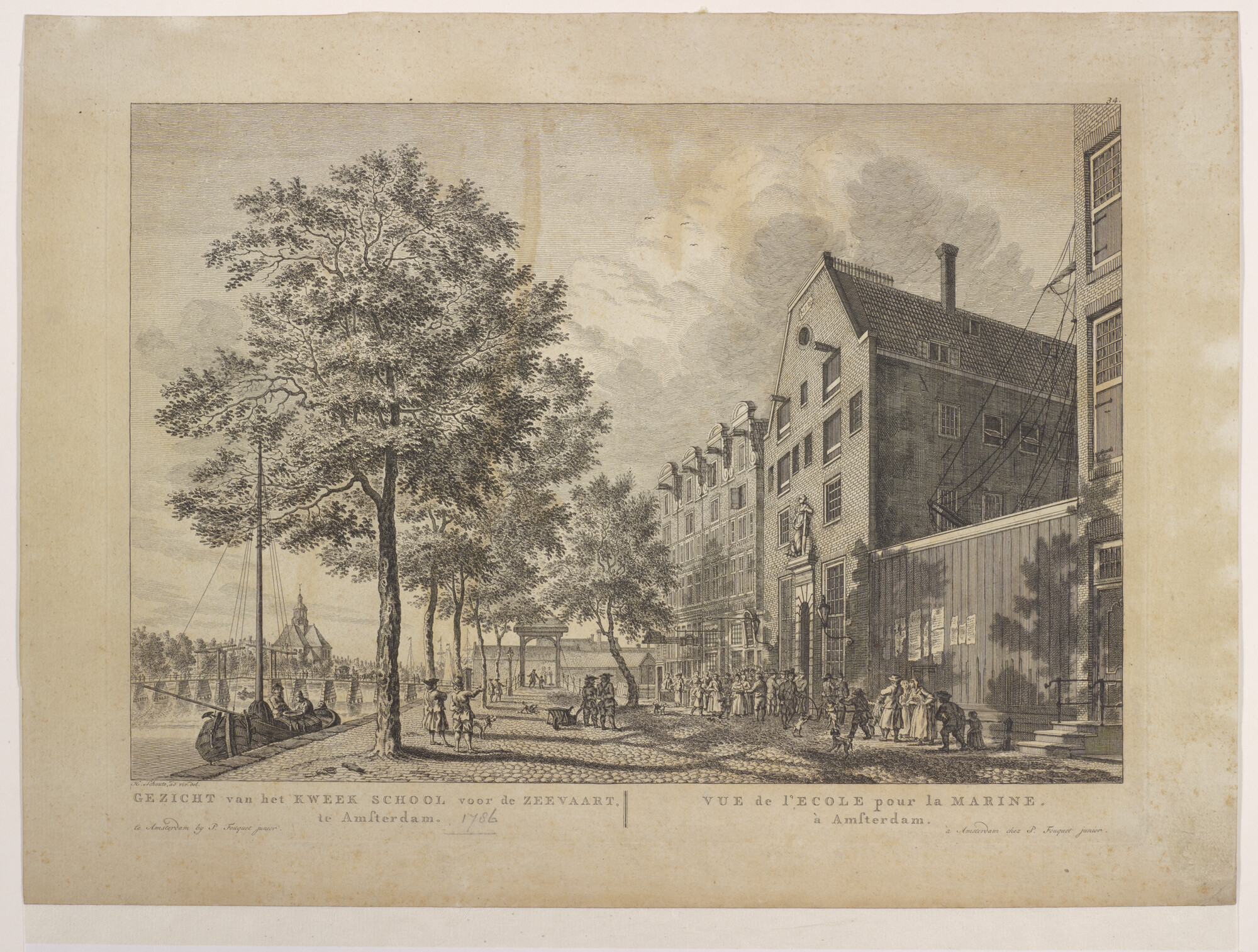 S.1307; Gezicht op de Kweekschool voor de Zeevaart aan de Buitenkant te Amsterdam; prent