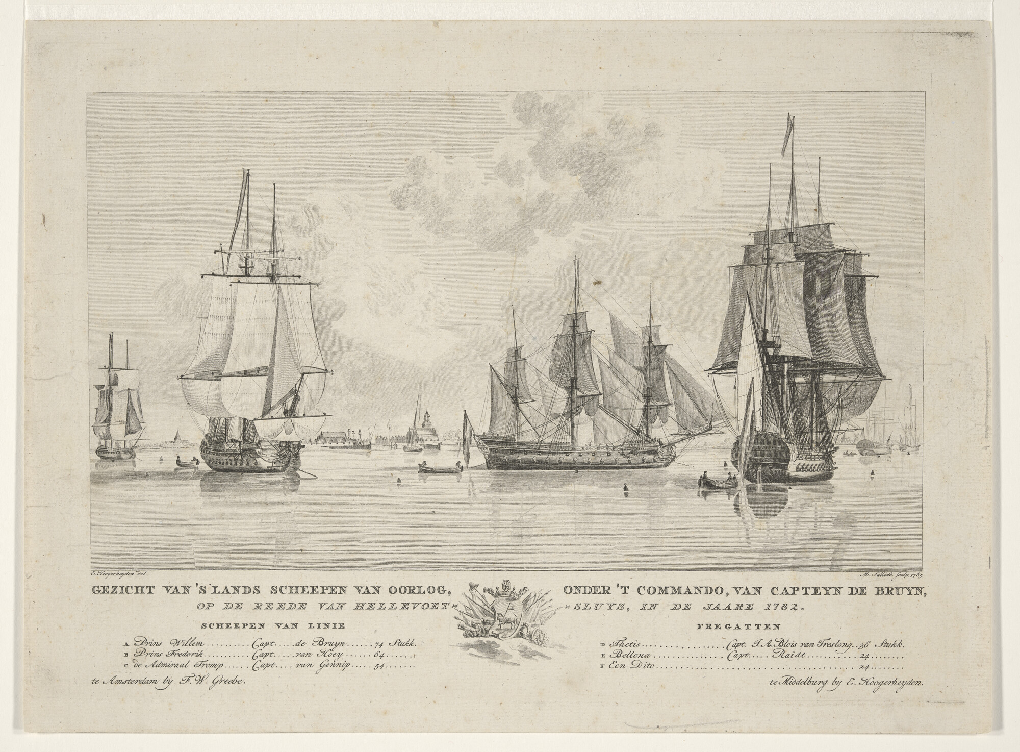 S.0009(01); Gezicht van 's Lands oorlogsschepen onder cop de rede van Hellevoetsluis, 1782; prent