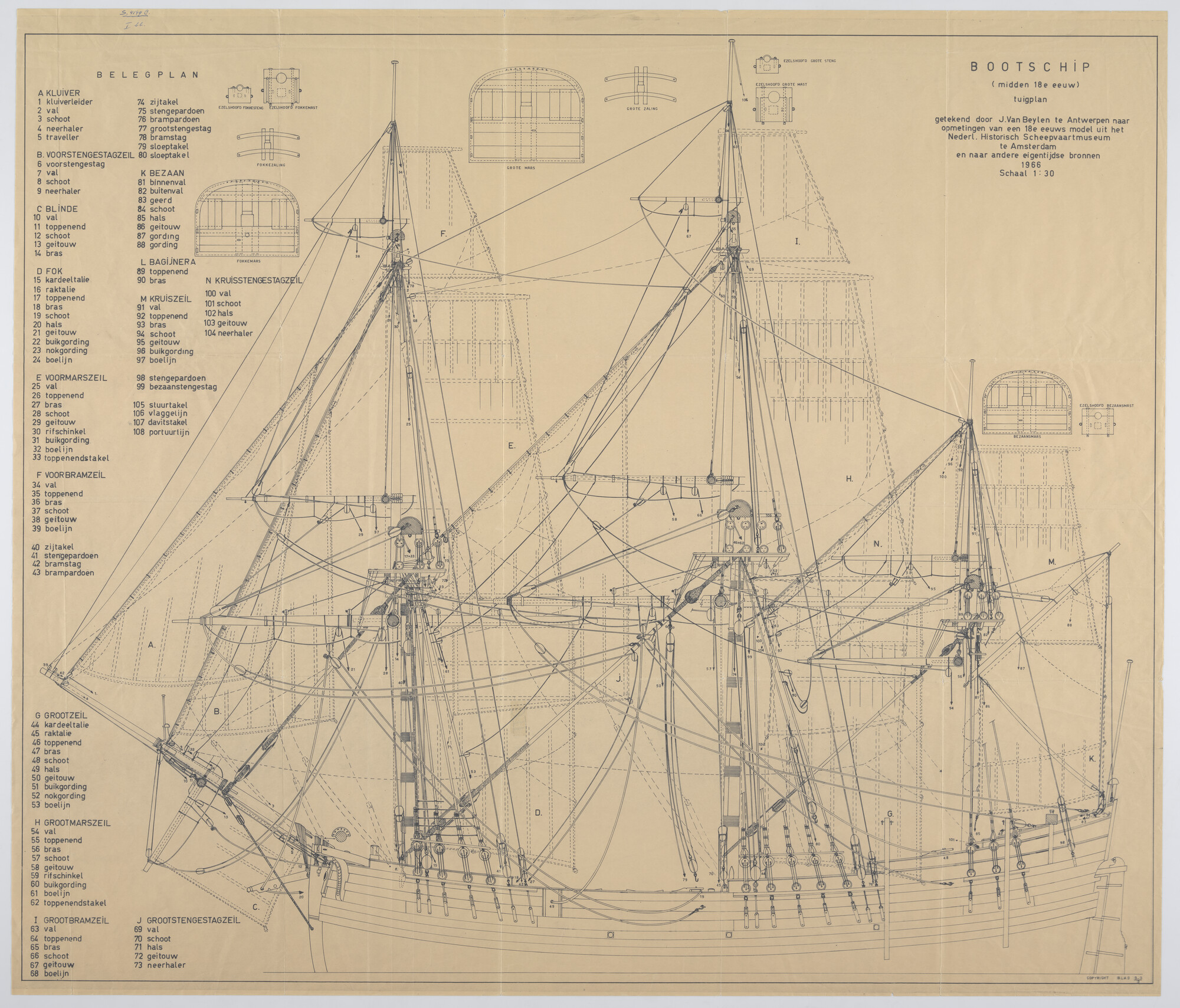 S.4149(c); Tuigplan van een bootschip; technische tekening