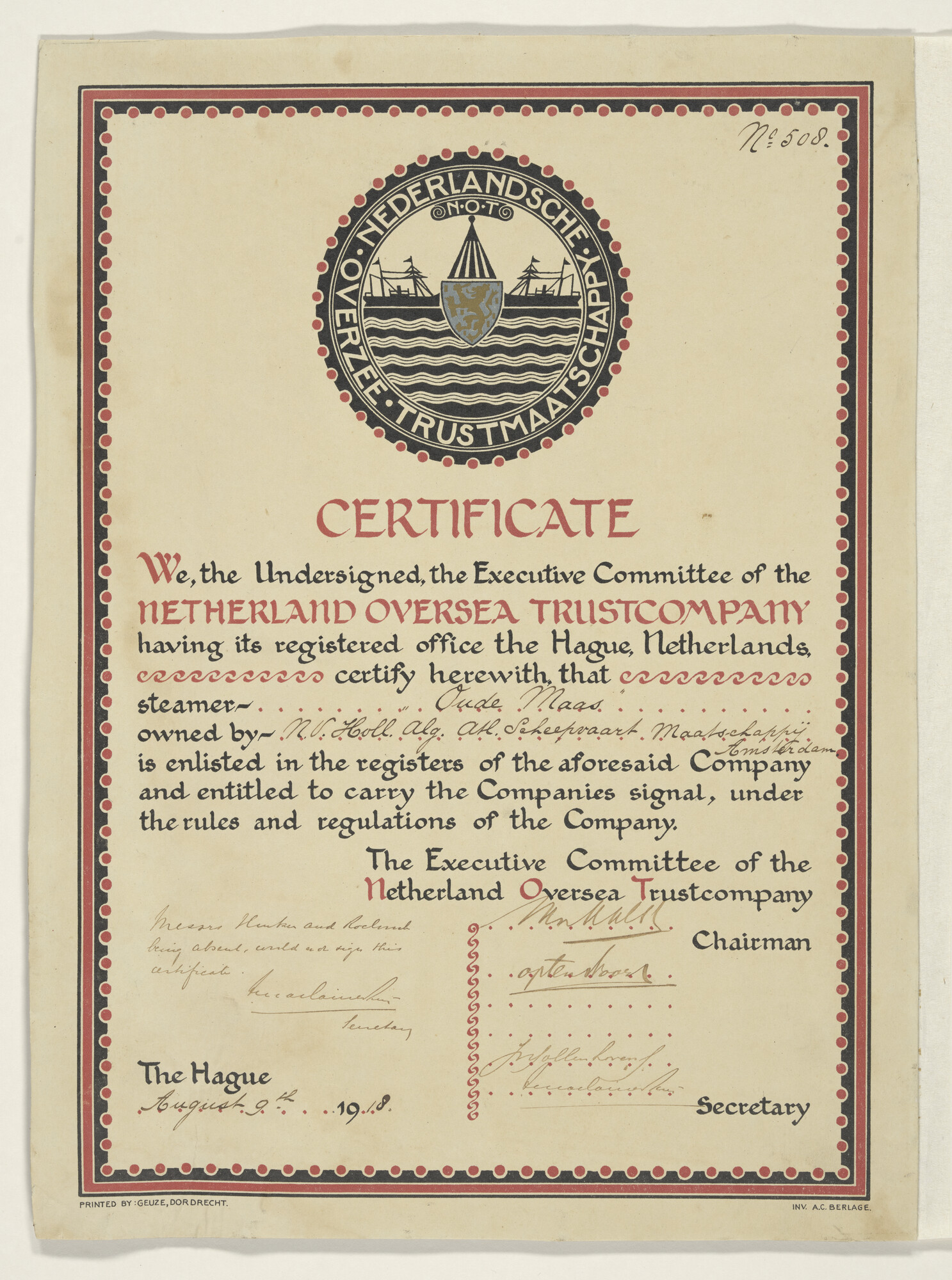 S.2616(04); Certificaat, waaruit blijkt dat het ss. 'Oude Maas' is ingeschreven; certificaat