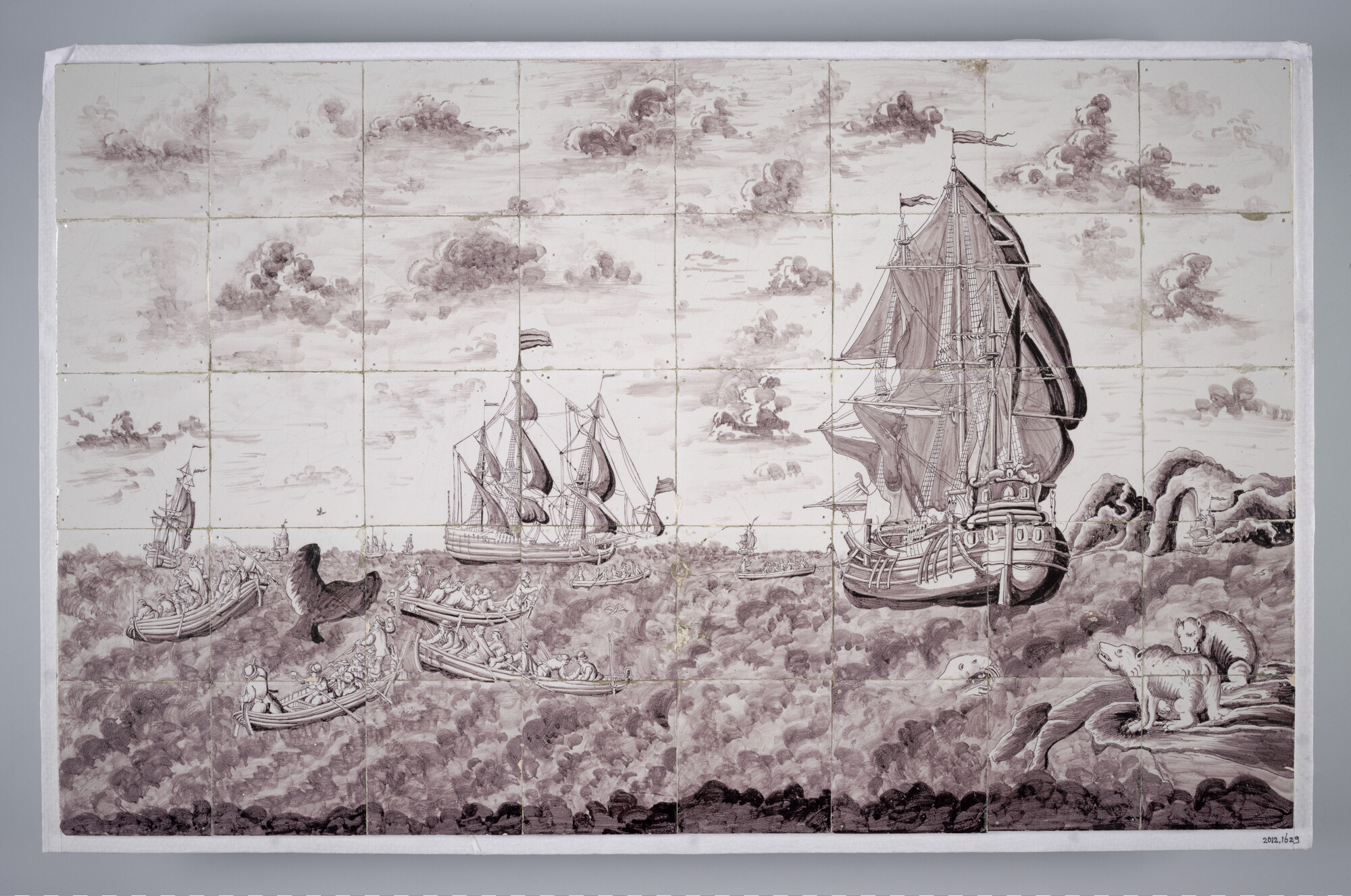 2012.1629; Tegeltableau met afbeelding van de walvisvangst; tegeltableau