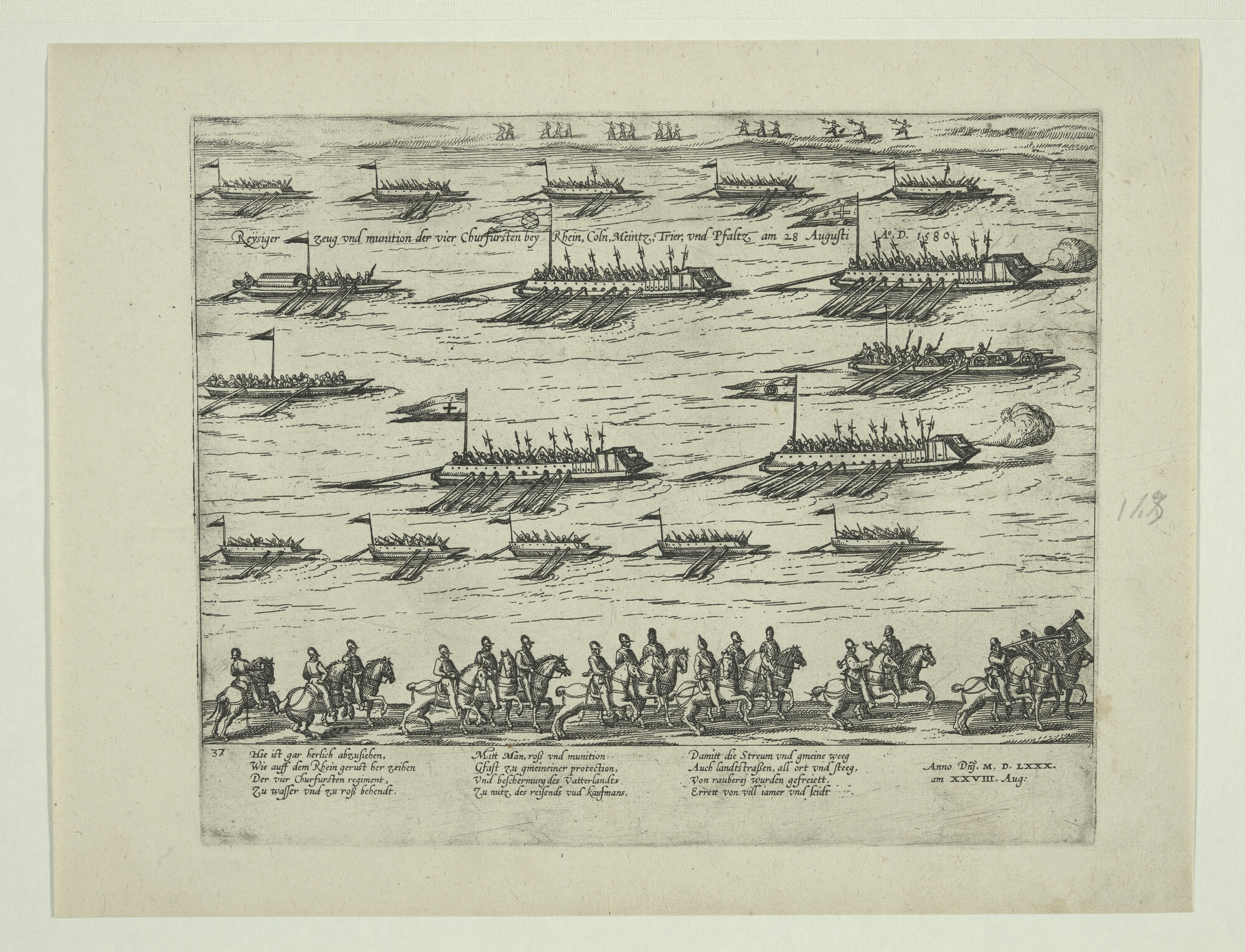 A.0145(027)204; Riviervloot der vier Keurvorsten op de Rijn, 28 augustus 1580; prent