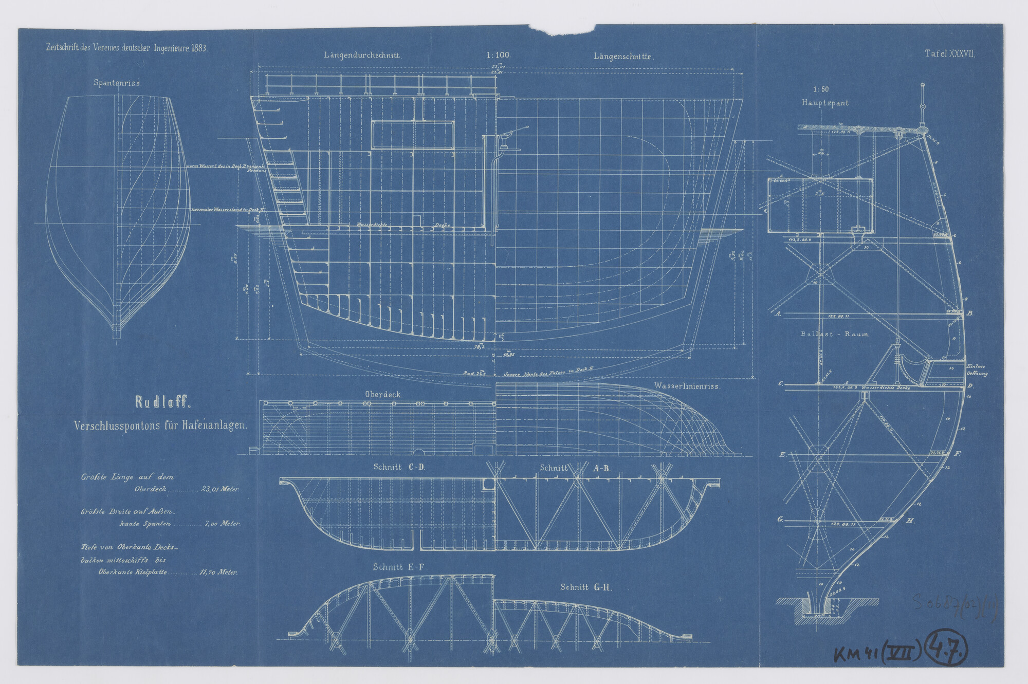 S.0687(02)(11); Doorsneden van een schipdeur (bateau-porte) voor een droogdok; technische tekening