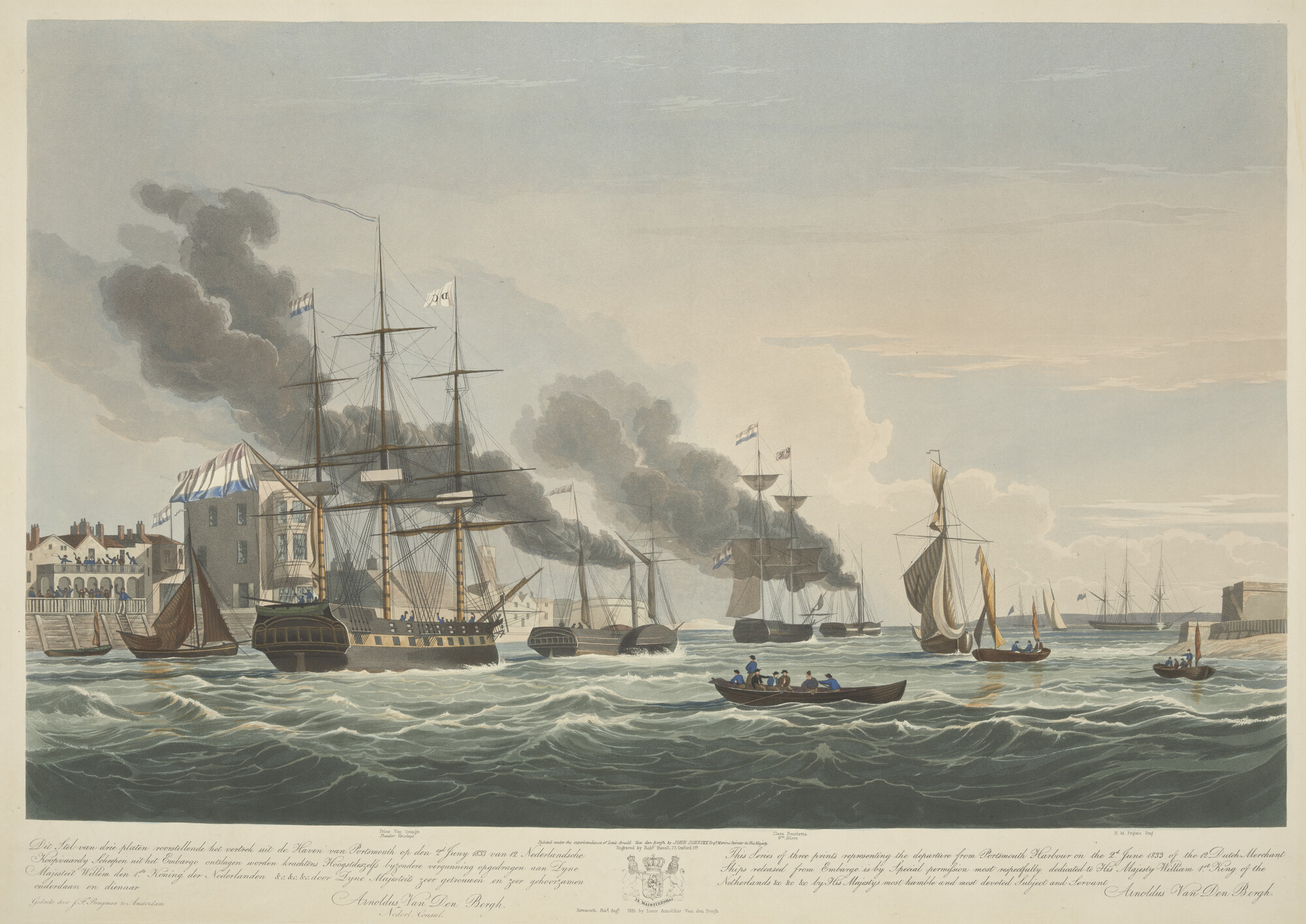 A.0303(05)3; Het vertrek uit de haven van Portsmouth na het opheffen van het embargo in 1833; prent