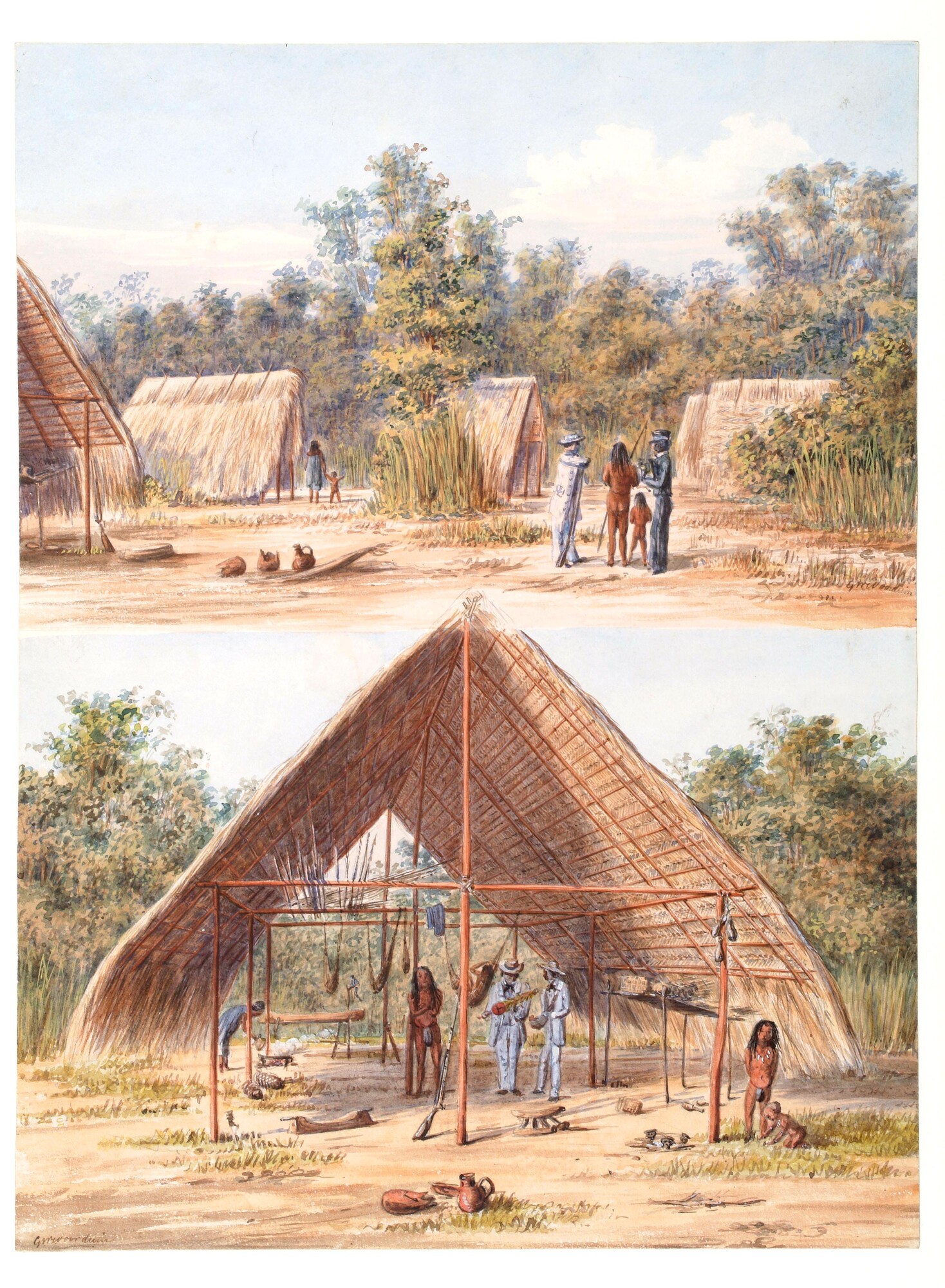 A.3504(12); Twee studies van een Arowakka indianenkamp; tekening
