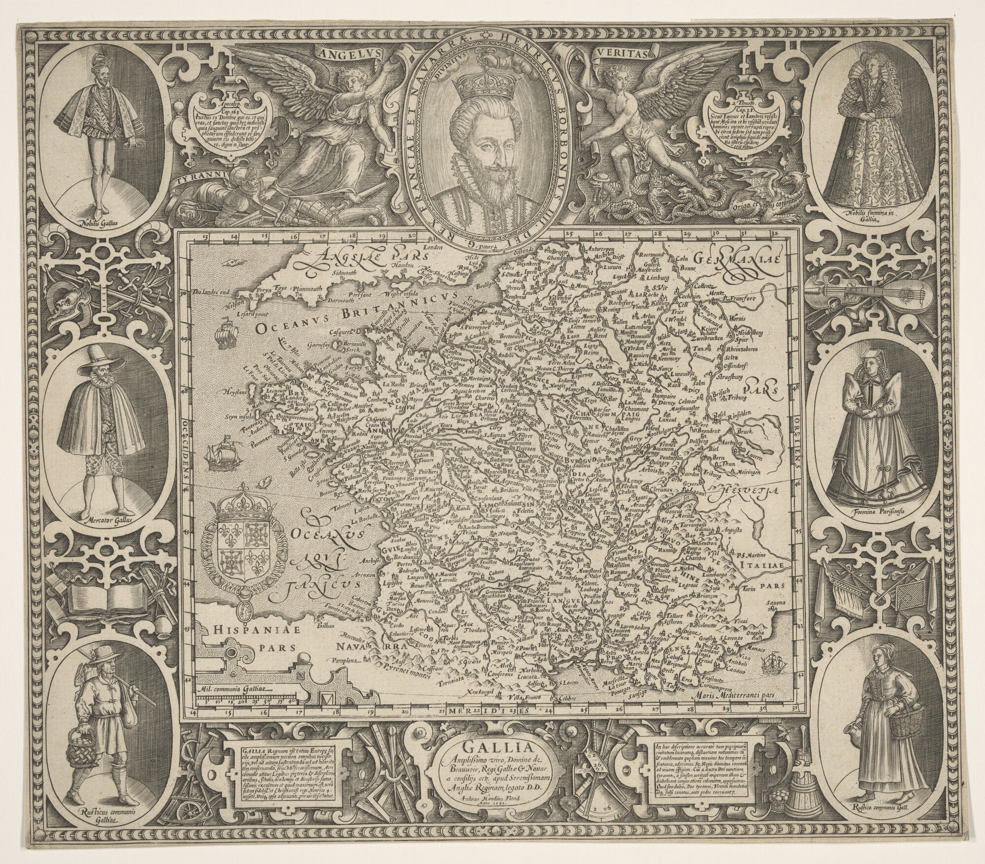 A.0145(200); Kaart van Frankrijk uit 1591 door Jodocus Hondius (1563 - 1612); landkaart