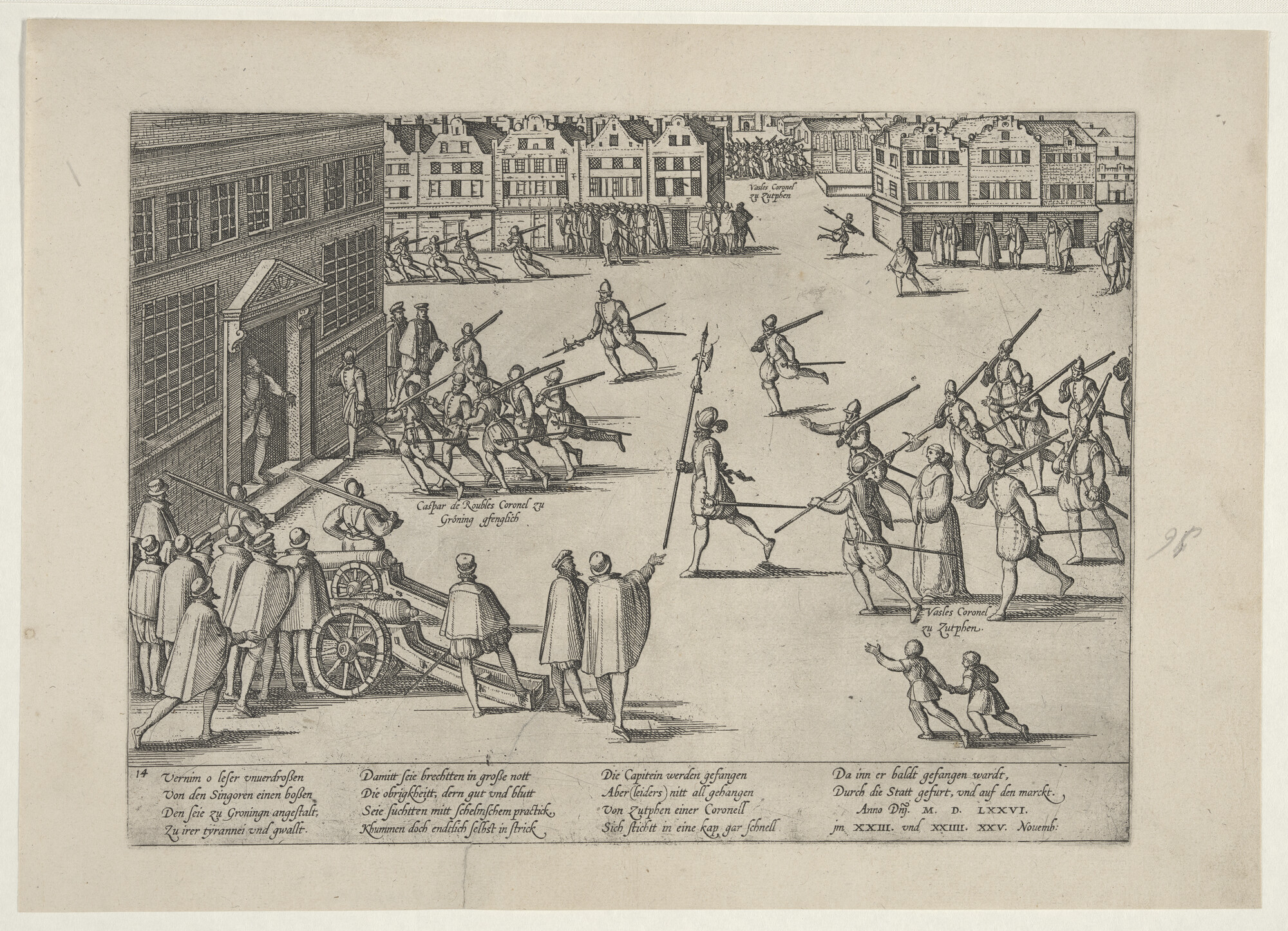 A.0145(027)157; Verraad van Robles te Groningen ontdekt, 23, 24 en 25 november 1576; prent